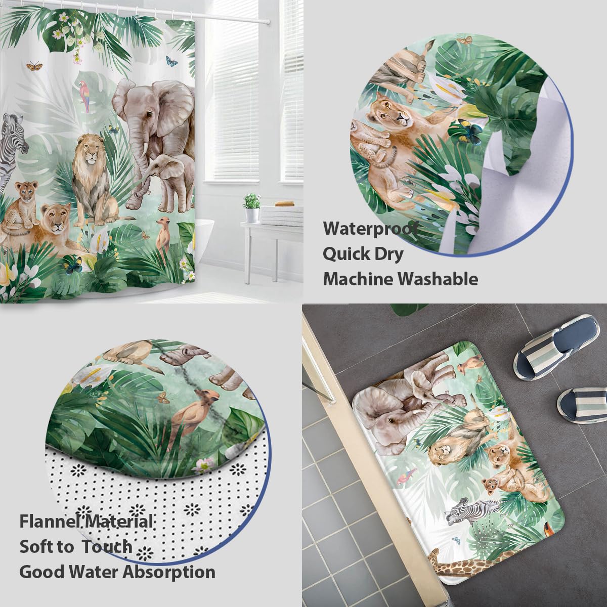 Duschvorhang-Set mit Dschungeltieren, mit Teppichen, Palmen, Afican, Safari-Thema, Badezimmer-Set, Kinderzimmer, Zuhause, Badewanne, Dekoration, langlebige Vorhänge, Matten,