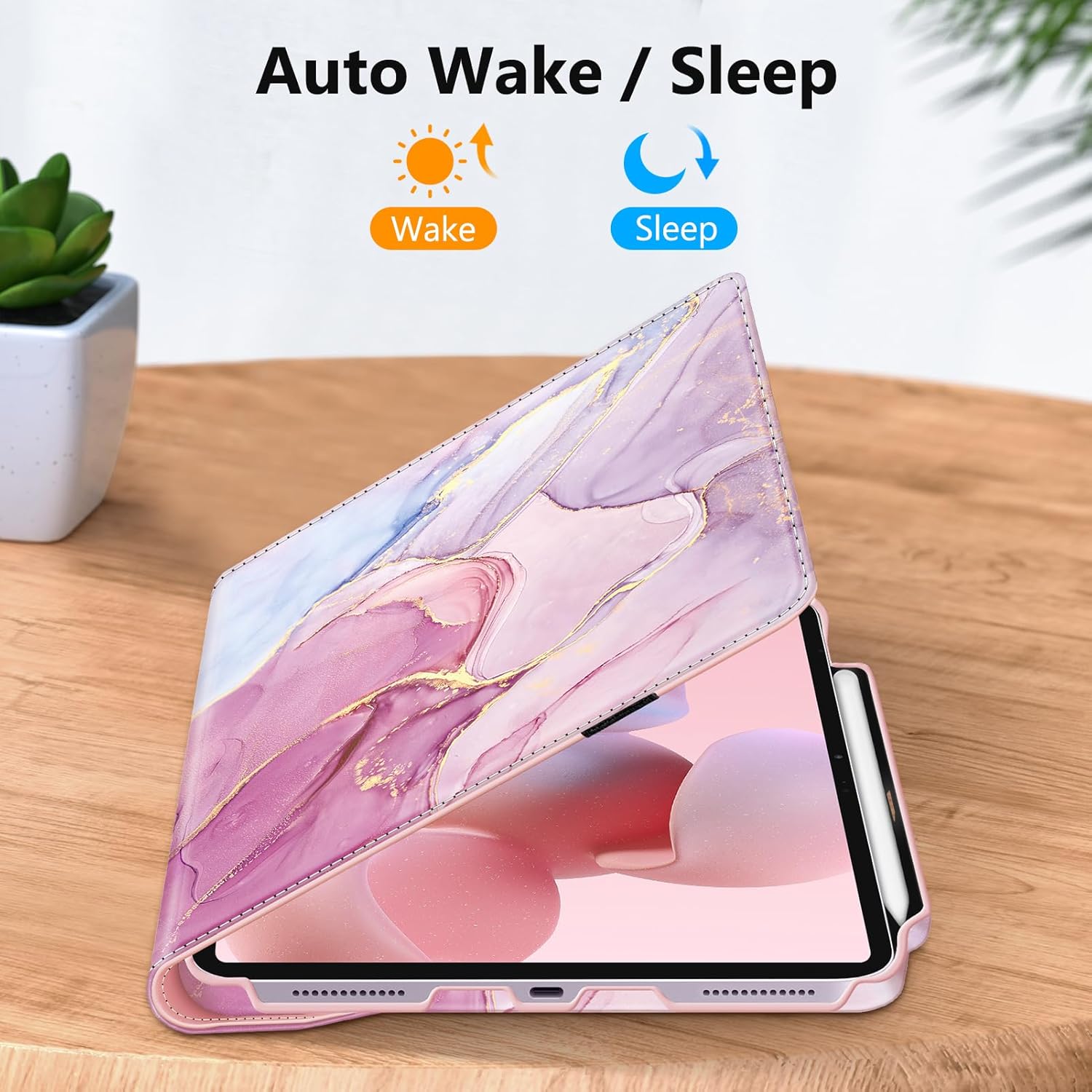 Image demonstrating the auto wake/sleep function as the case is opened and closed.