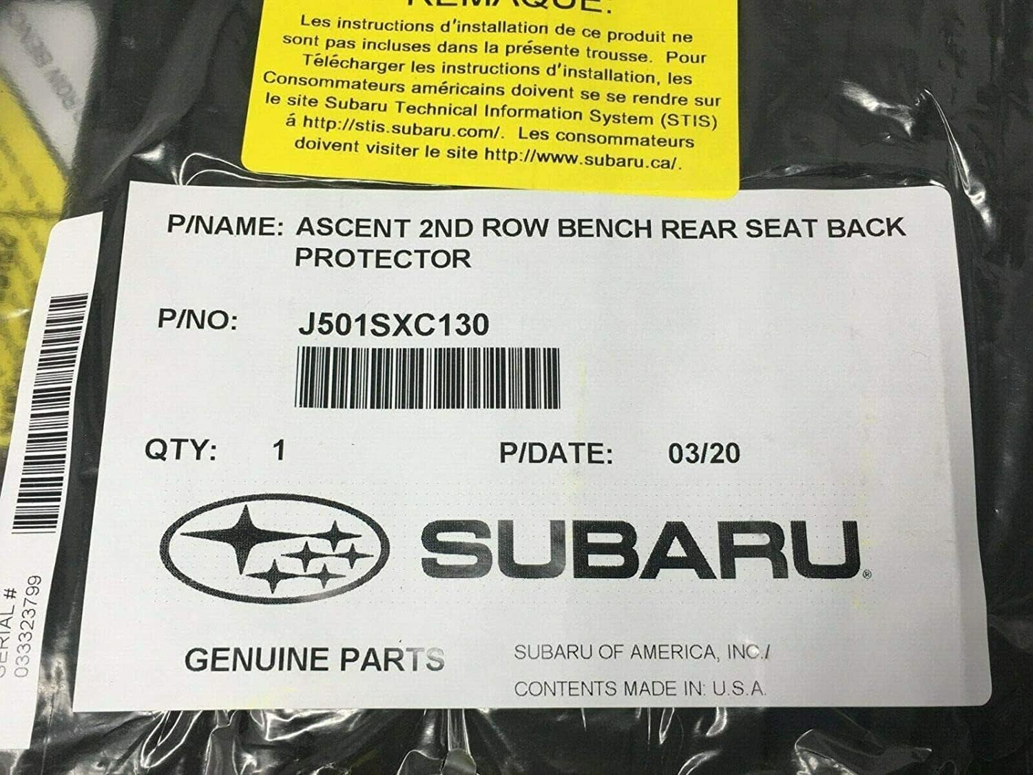 Subaru Rear Bench Seat 2nd Row Seatback Protector Black for 2019-2025 Ascent - J501SXC130 - Genuine OEM