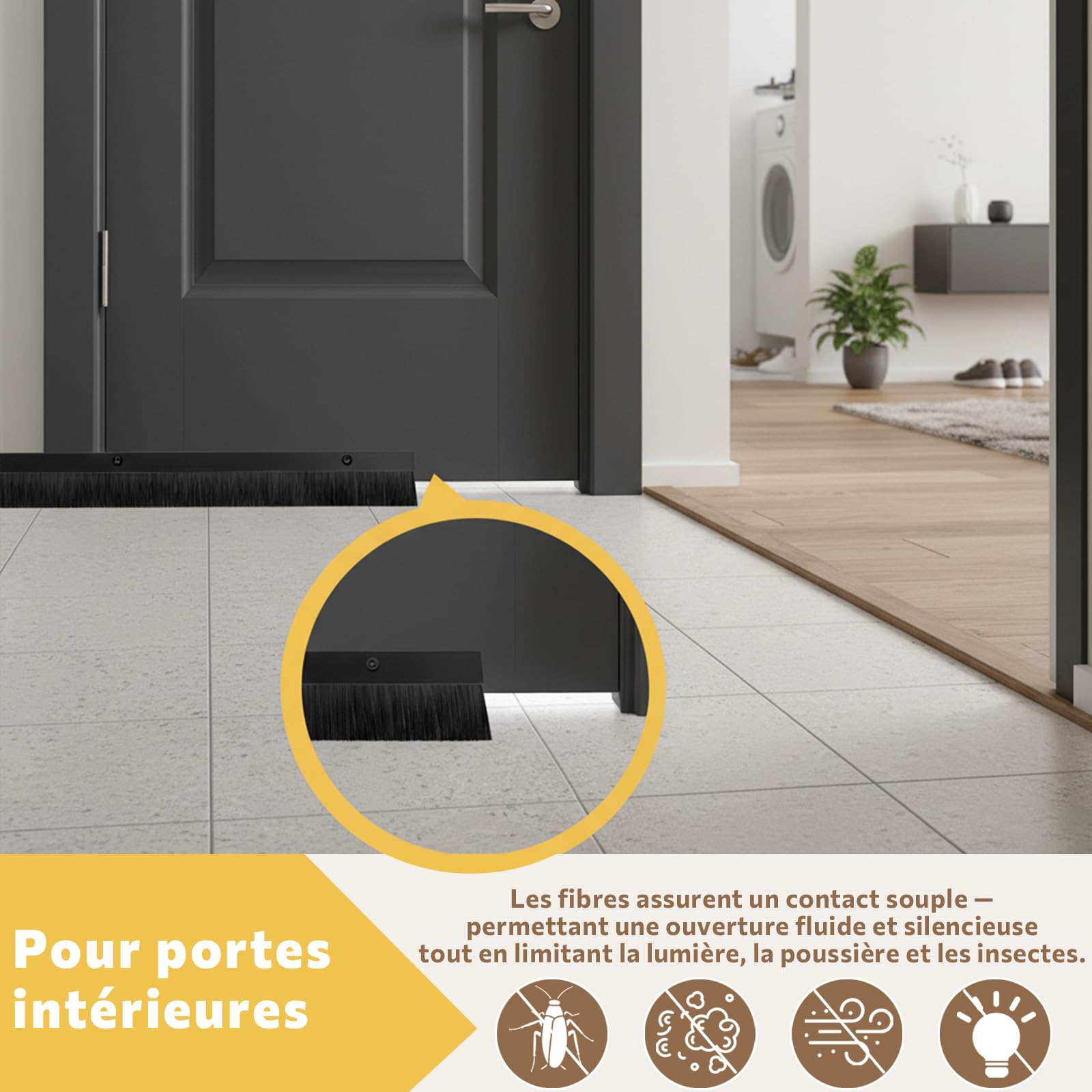 Lot de 3 – Joint de porte à brosse Retsun 61 mm x 880 mm – Aluminium anodisé avec fibres PP haute densité, finition noire – Anti-courant d’air, anti-insectes et anti-poussière（Black1.5，3）