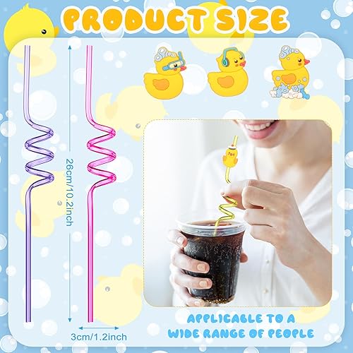 Miniatura 3 de Honoson 24 popotes de pato, regalos de fiesta de cumpleaños, con 2 cepillos de limpieza, tema, reutilizable, plástico, tonto, 8 diseños (estilo