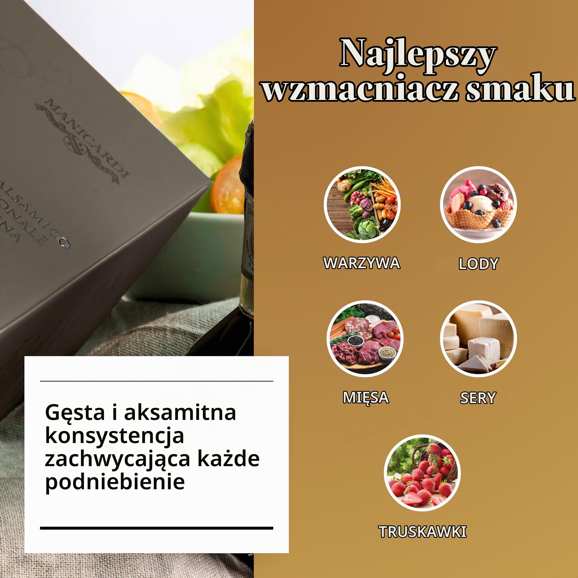 MANICARDI Ocet Balsamiczny z Modeny IGP Nero Elisir Gold- Włoski produkt z dozownikiem – Perfekcyjna Gęstość do Serów, Warzyw, Pieczonego Mięsa, Truskawek i Lodów, 250 ml