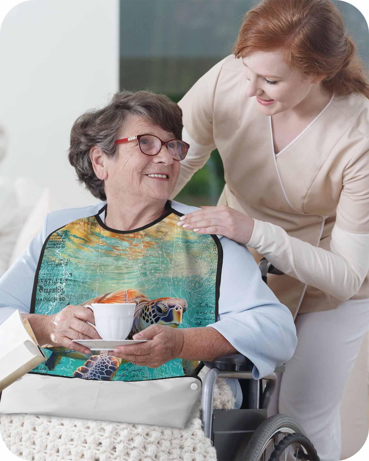 Sea Turtles Adult Bib for Eating with Crumb Catcher,Washable & Waterproof Terry Cloth Adjustable Elderly Women Men Adult Bibs Apron Reusable Clothing Protector Retro Coastal Nautical Maps Ocean Summer