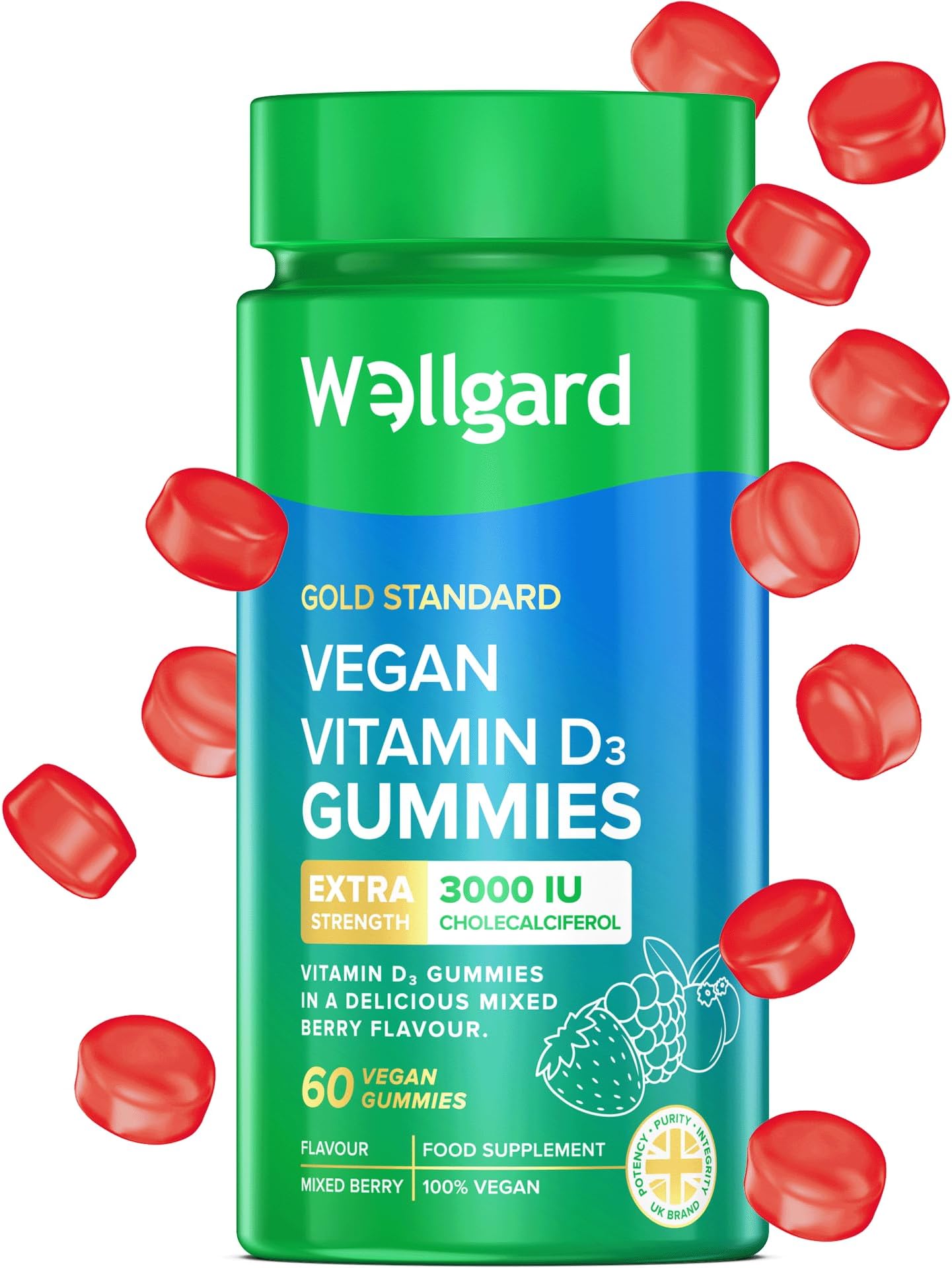 Wellgard High Strength Vitamin D3 Gummies 3000 IU - 60 Vegan Immunity Vitamin D Gummies Adults, Chewable Vitamin D, Mixed Berry Flavour