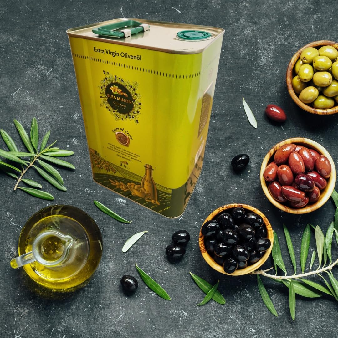 Elea Minon Huile d'olive extra vierge – 0,75 l / 3 l / 5 l – Pressée à froid de Crète, 100 % pure huile d'olive grecque de qualité supérieure, première pression à froid, fruitée douce, bidon en métal