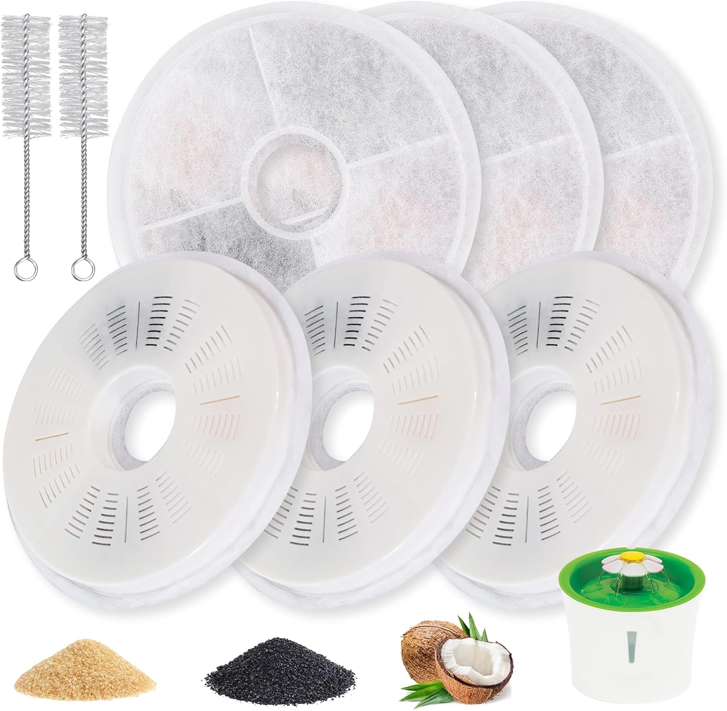 8-Pack Cat Fountain Replacement Filters for 3L Flower Water Dispenser, Triple Filtration with Activated Carbon & Ion Exchange Resin, Soft Water for Urinary Health Support + 2 Cleaning Brushes