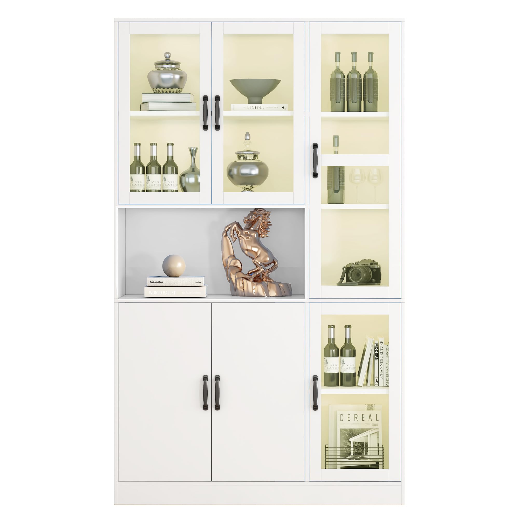 I0I&I0I Vitrina blanca para libros, gran cocina, despensa, estantería de lujo con luz LED, armario de vitrina con estantes para salón (120 W x 40D x 200 H)