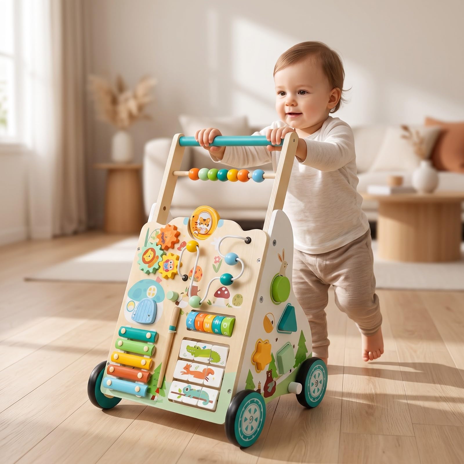 Qianly Caminador Madera sin Astillas Interactivo, caminador Empuje, Sensorial, para Casa,