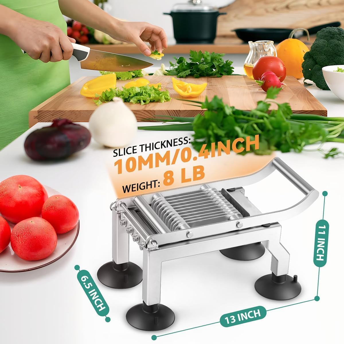 Cortador de tomate profesional: rebanadas uniformes de 10 mm, hoja de acero inoxidable y base de succión antideslizante. Ideal para uso en restaurantes y cocinas domésticas.