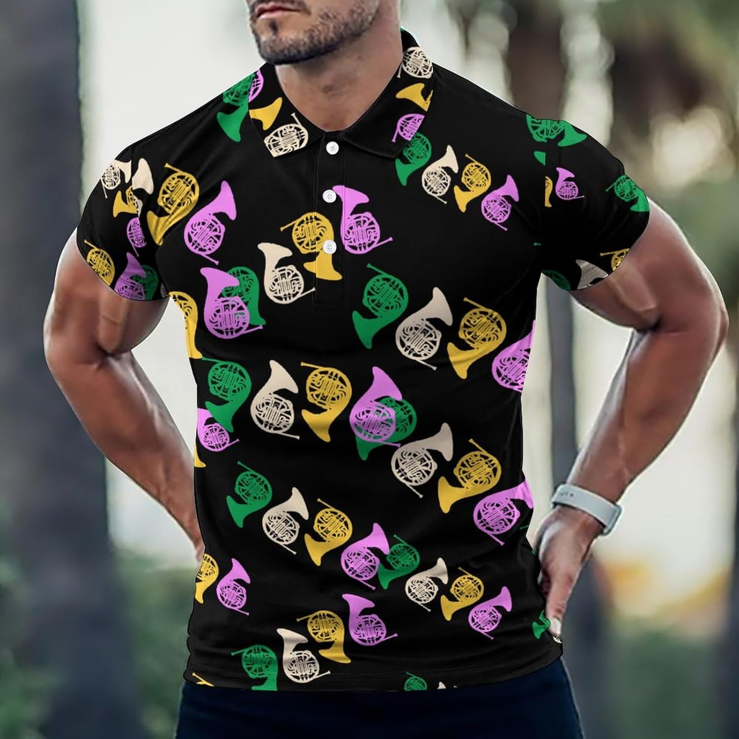 French Horns Men's Golf Polo Shirts Short Sleeve Button Down T Shirt Slim Fit Graphic Tee Top