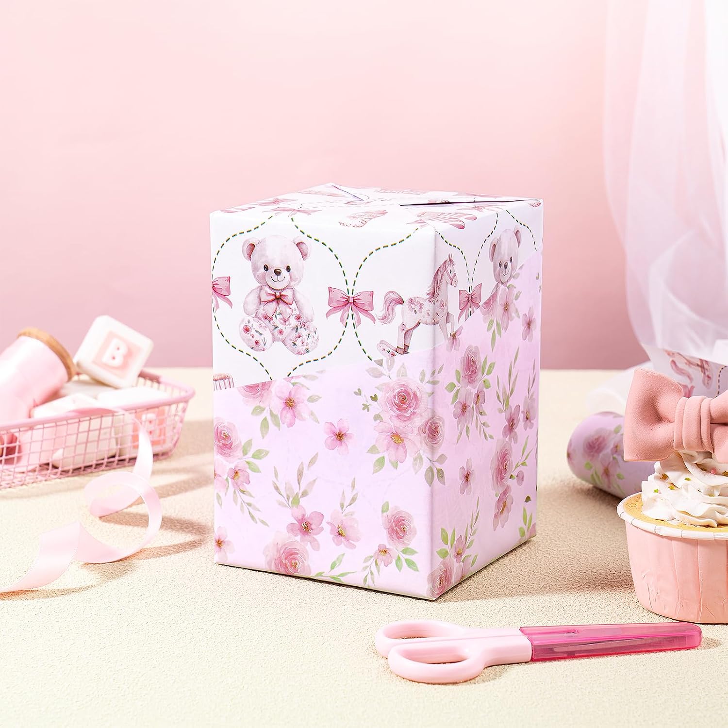 RUSPEPA Reversible Baby Girl Wrapping Paper Roll, Mini Roll, Pink Floral & Nursery Animals Double-Sided Gift Wrap for Baby Shower, Newborn Girl Gifts, Birthday, First Birthday, 17 Inches x 9.8 Feet image 5