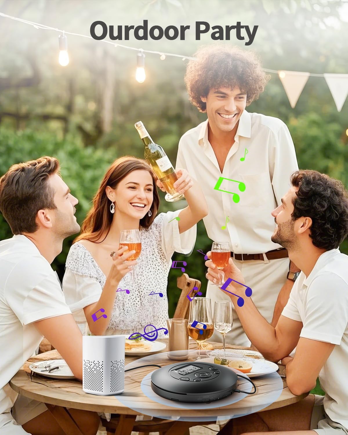 ARAFUNA CD Player connected to a portable speaker on an outdoor table with people enjoying music.