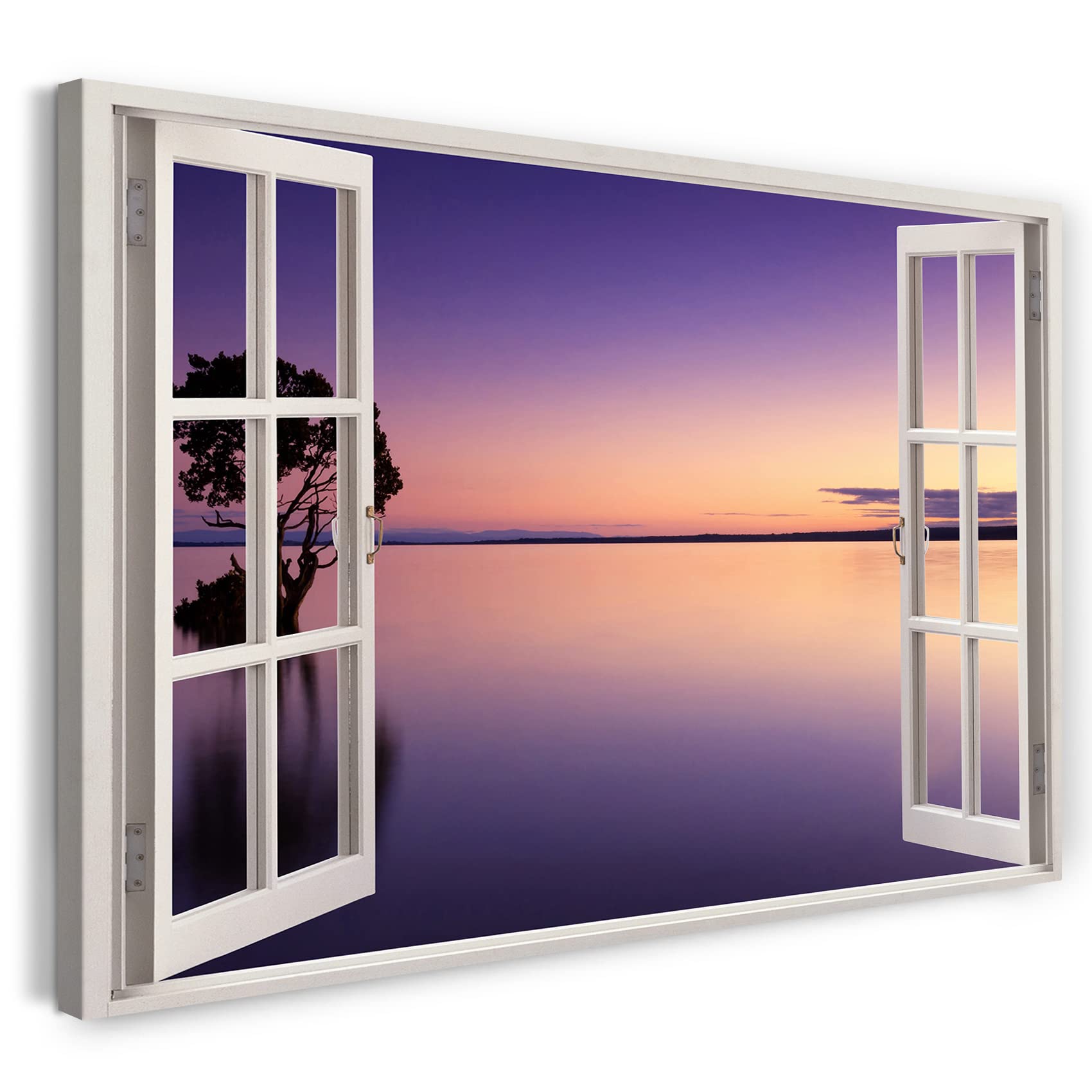 Print on Canvas (100x70 cm) view from the window - tree on the lake fog sunset water nature - nature photography, real wood frame with hook