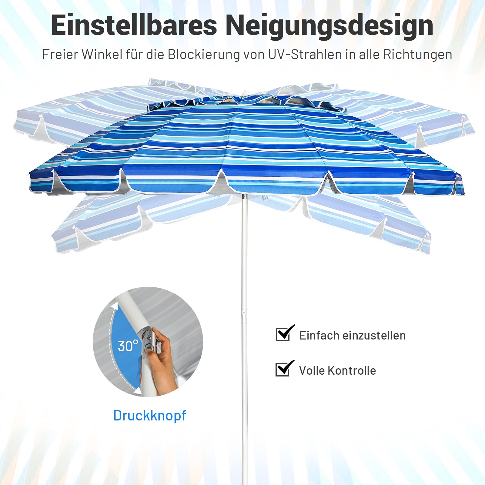 COSTWAY 220 cm Sonnenschirm Strand, Strandschirm windfest stabil, UPF 50+, 30° knickbar, Sonnenschutz mit Erdspieß für Balkon, Garten & Terrasse