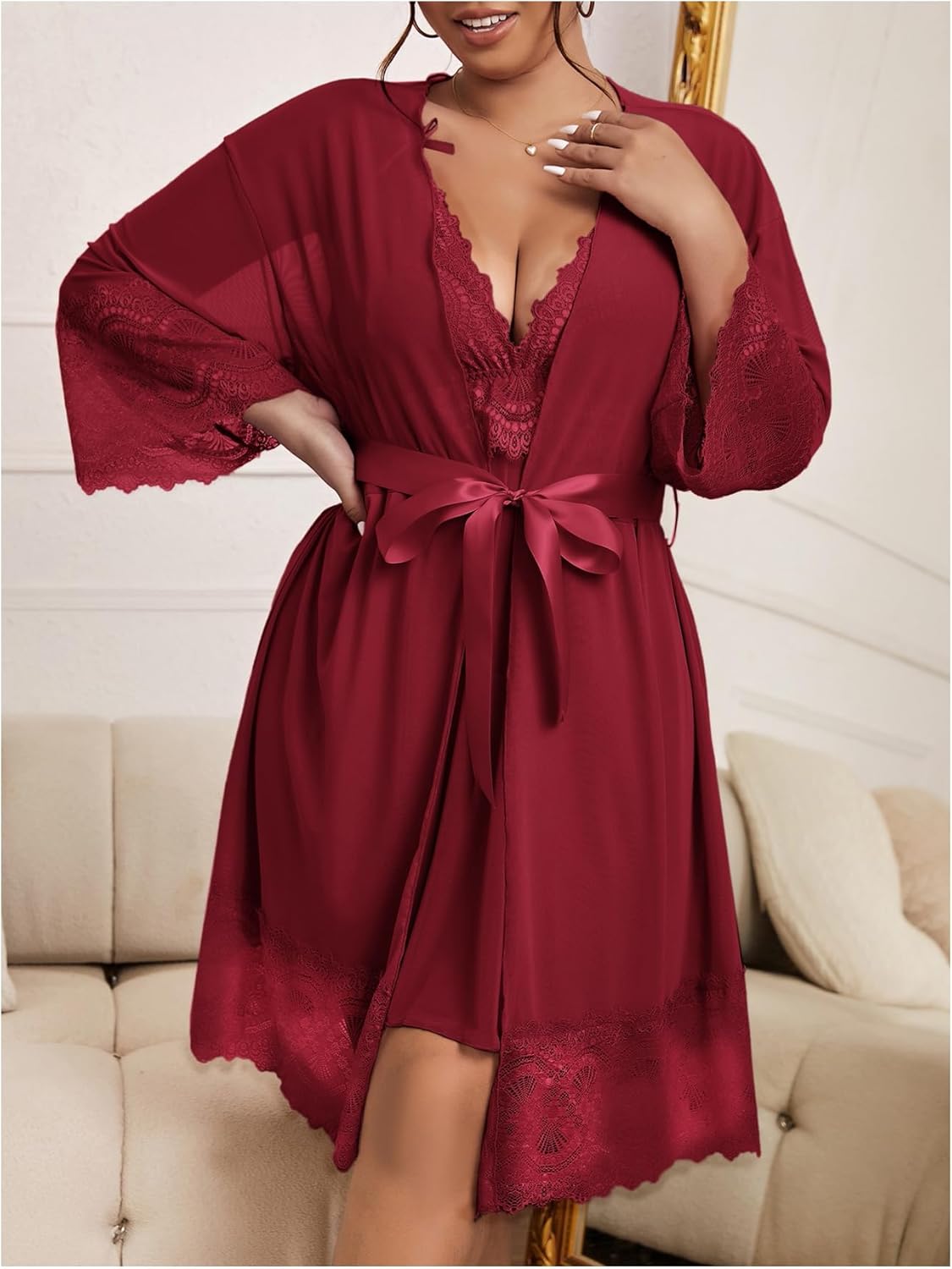 GORGLITTER Women's Plus 2 Piece Robe Pajamas Set Lace Cami Nightgown and Robes Nightwear