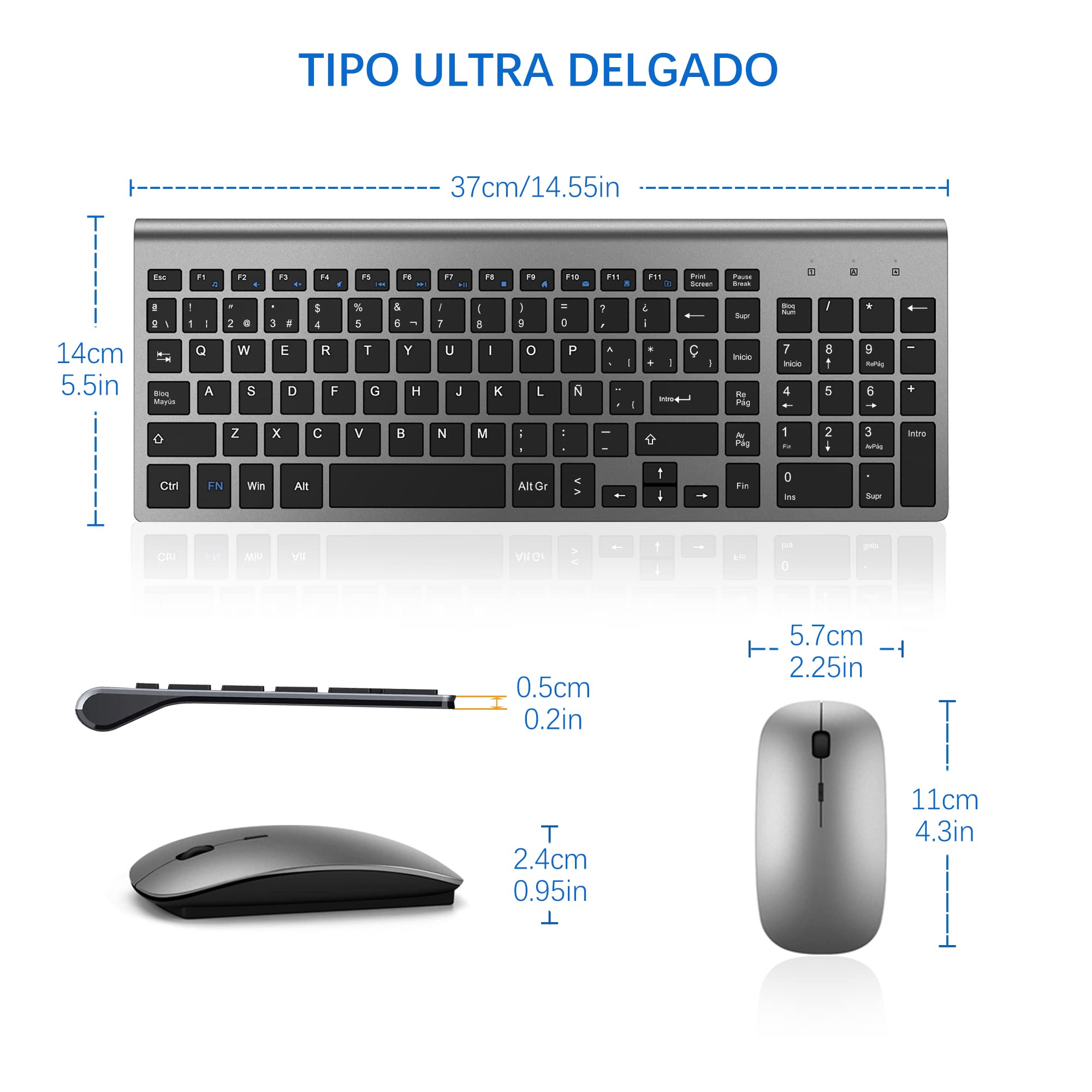 TopMate Pack Teclado y Raton 2400DPI, Inalámbricos Ultra Delgado, 2.4G Compacto Silencioso Teclado de Tamaño Completo con Cubierta, 2 Pilas AA y AAA, para PC/Laptop/Windows-Gris Negro