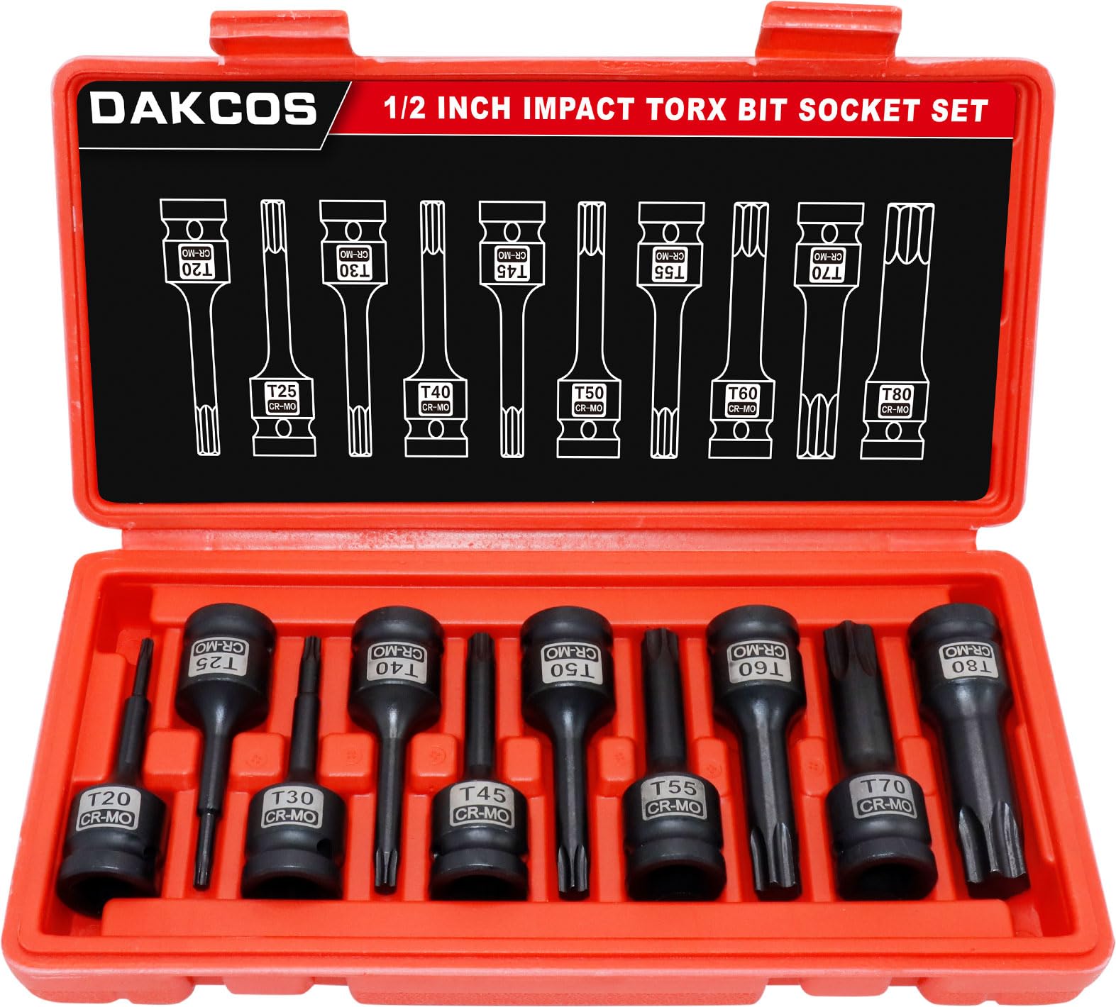 Dakcos Black 1/2" Drive Impact Torx Bit Socket Set,10 Pieces T20-T80 Impact Star Sockets, Cr-Mo And S2 Alloy Steel