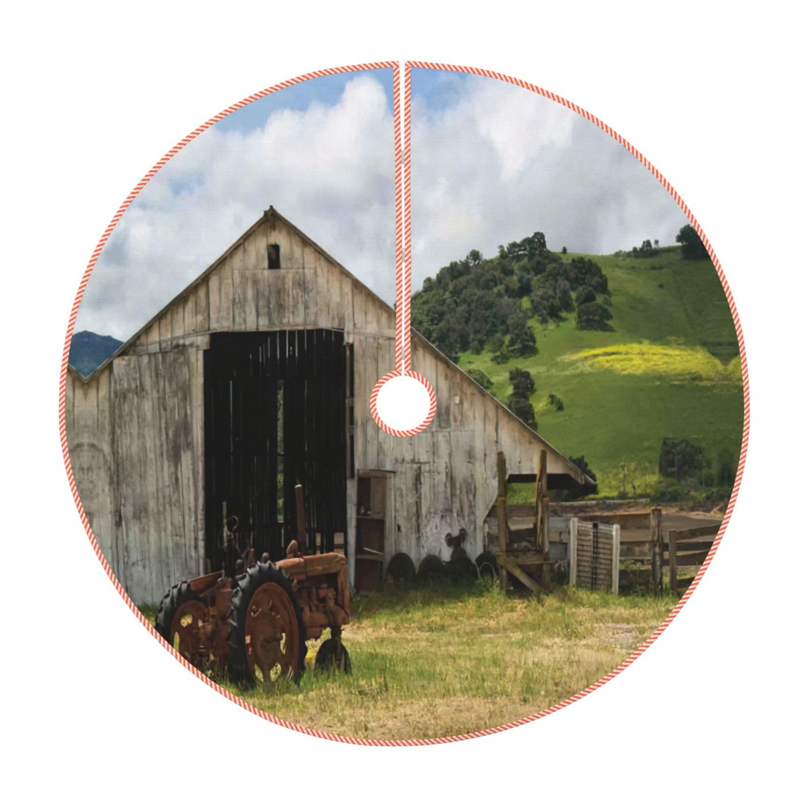 Old Wooden Barn with Rusted Tractor print 36in Christmas Tree Skirt,Farmhouse Xmas Tree Mat, for Holiday Party Xmas Tree