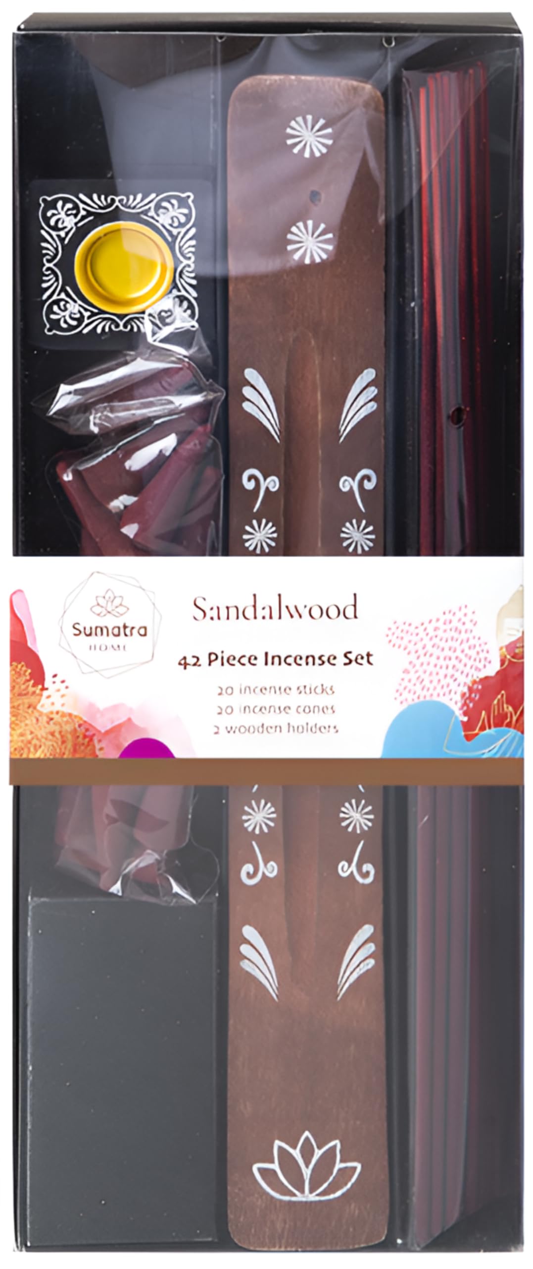 Scented Incense Burning Set with 20 Sticks & 20 Cones and 2 Wooden Holders Assorted Fragrances for Aromatherapy Relaxation (Sandalwood)