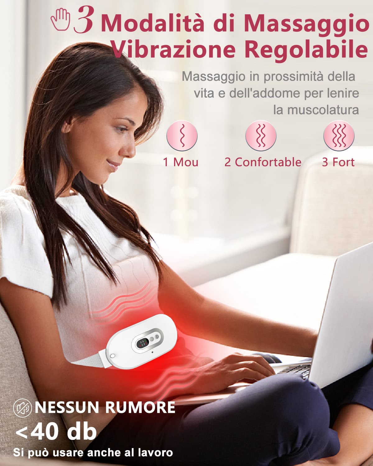 Cuscino Massaggiante Mestruale Ricaricabili-OVIFM Portatile Fascia Riscaldante Dolori Mestruali Cuscinetto e 3 Temperature Regolabili Heating Pad Senza Fili Pain Relief Lombare/Schiena/Crampi(Bianco)