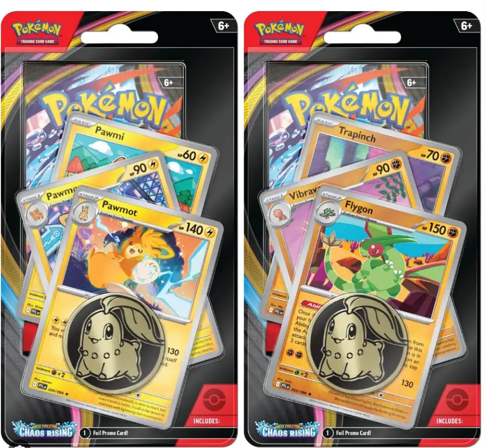 Pokémon TCG: Mega Evolution - Chaos Rising Premium Checklane Blister Duo Pack | Flygon & Pawmot | 2 Blisters Including 2 Booster Packs, 2 Promo Cards & 2 Collectible Coins | Factory Sealed