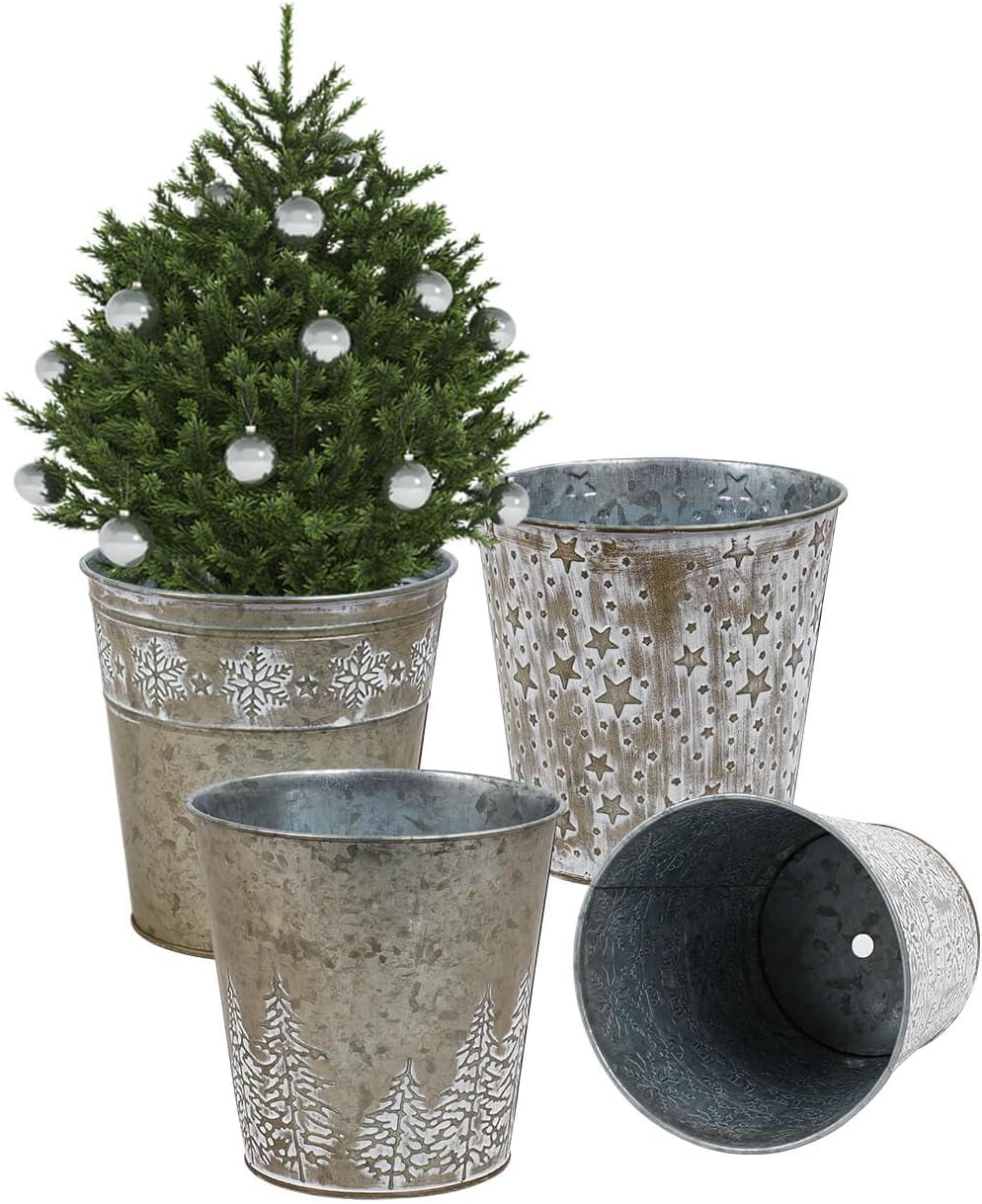 Christmas Gold Galvanized Metal Buckets - 4Pcs Rustic Farmhouse Tin Planters Pot with Drain Hole and Plug Xmas Gift Vintage Flower Pot for Party Table Centerpieces Outdoor Garden home decor, 6 Inch Gold 4