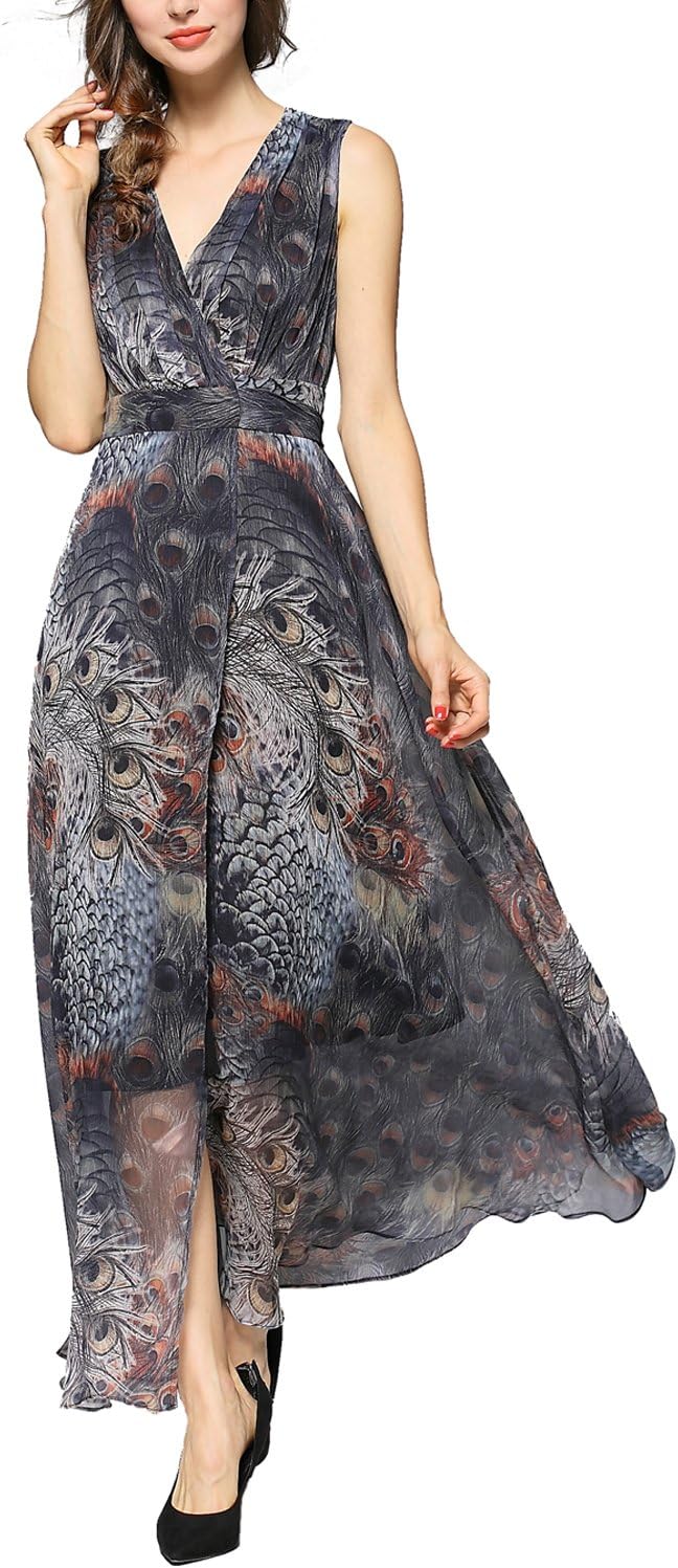 Womens Floral Peacock Evening Casual Split Loose Prom Party Maxi Dress, Black, XXL