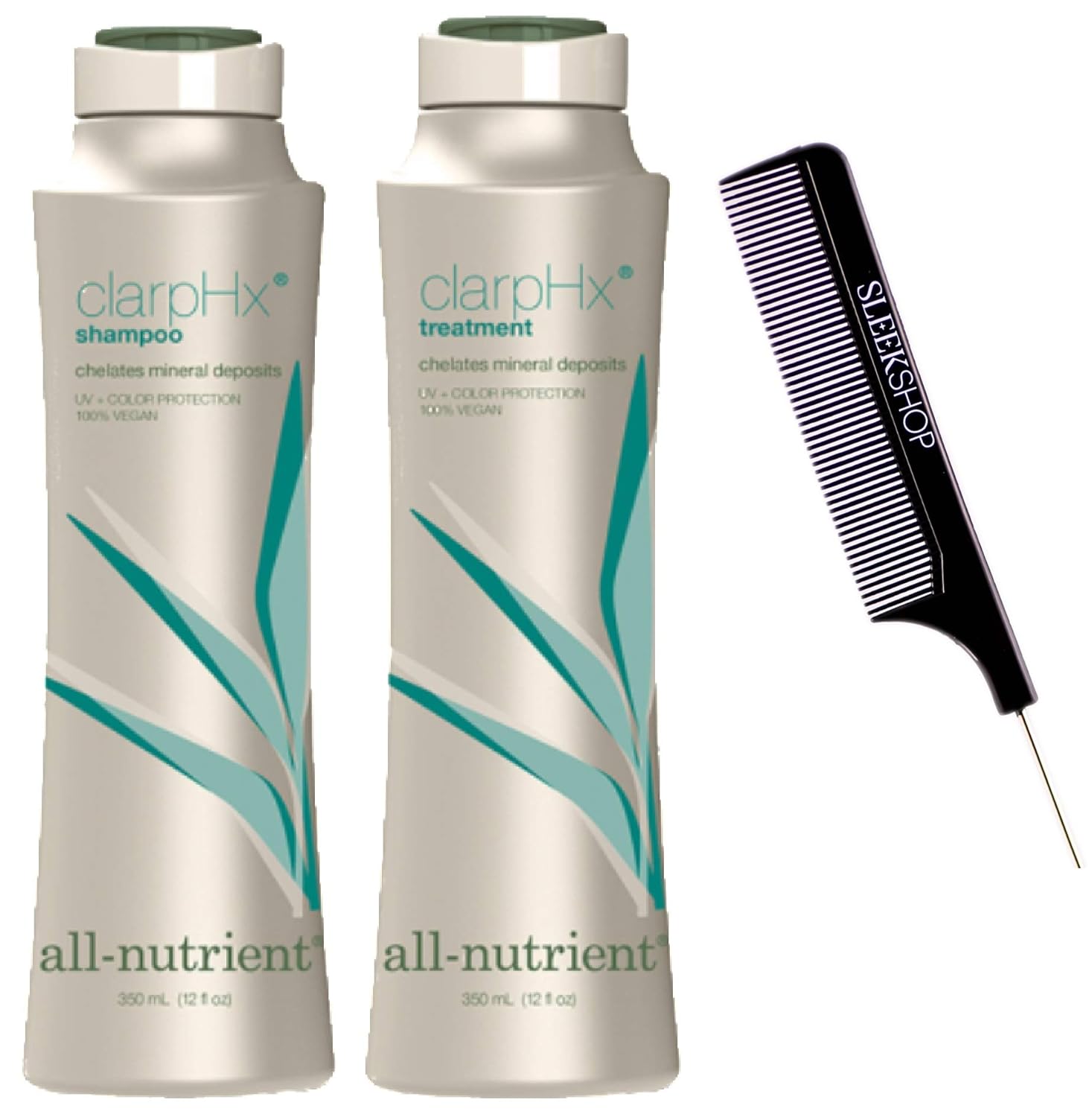 All-Nutrient ClarpHx Shampoo & Conditioner DUO SET, Chelates Hair Mineral Deposits for Pool & Well Water Exposure (w/Comb) Clarifying UV+ Protection, 100% Vegan (12 oz + 12 oz DUO KIT)