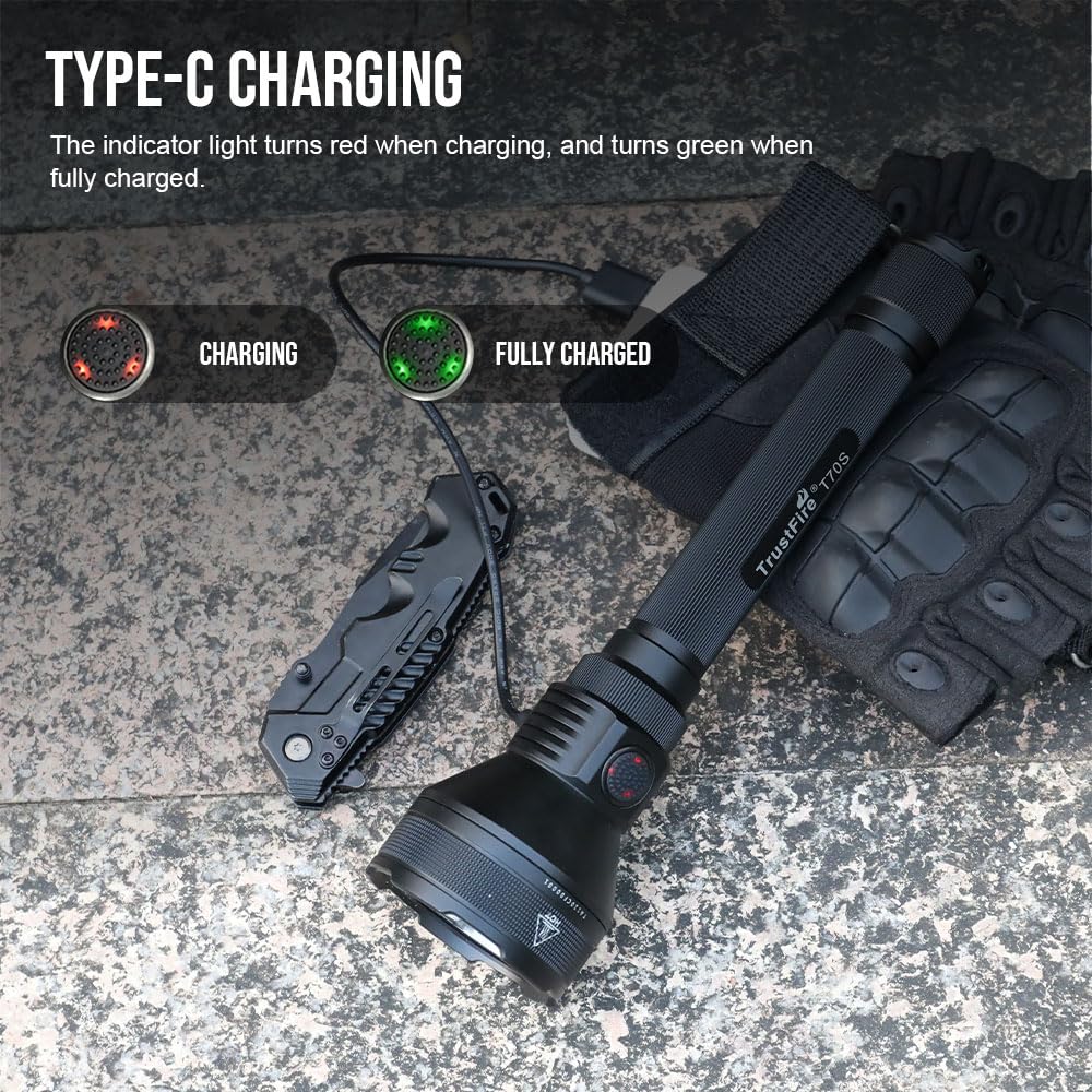 TrustFire T70S Lampe de poche LED puissante professionnelle Torche de Chasse 2350 lumens, Lampe de Poche Tactique Militaire Électrique Rechargeable USB Torches Haute Puissance pour Chasse Sauvetage