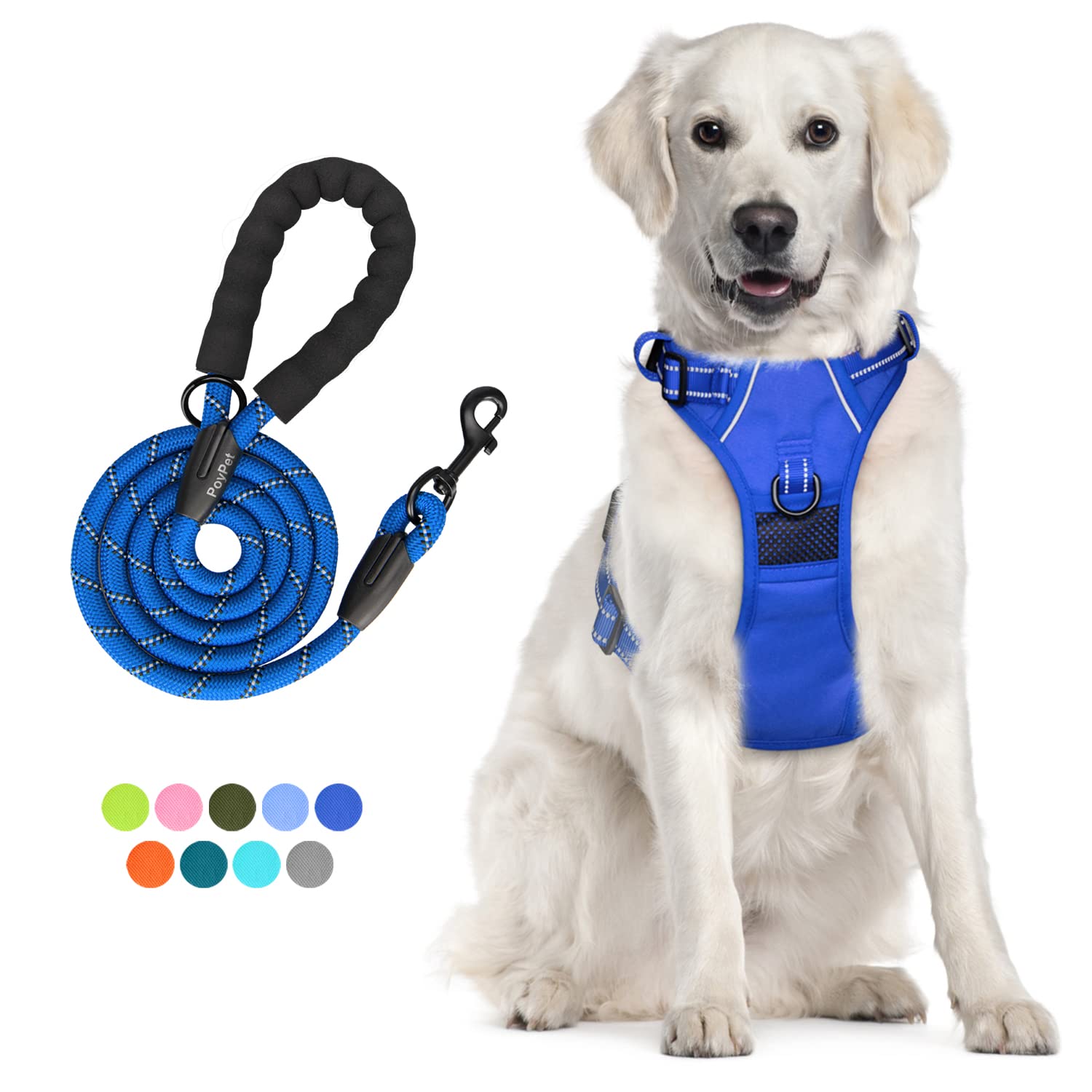 PoyPet no-pull dog harness and leash set showing reflective vest with front clip and back handle