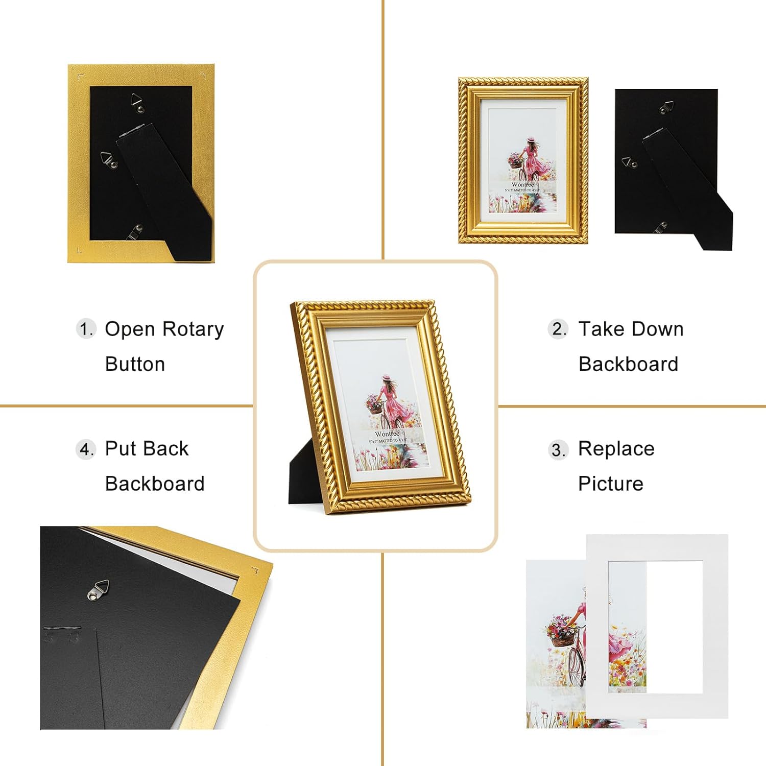 5x7 Picture Frame Ornate in Gold with Rope Trim, Solid Wood with Real Glass, Display 5x7 Photo Matted to 4x6, Vertical and Horizontal for Desk Tabletop or Wall Hanging - Image 8