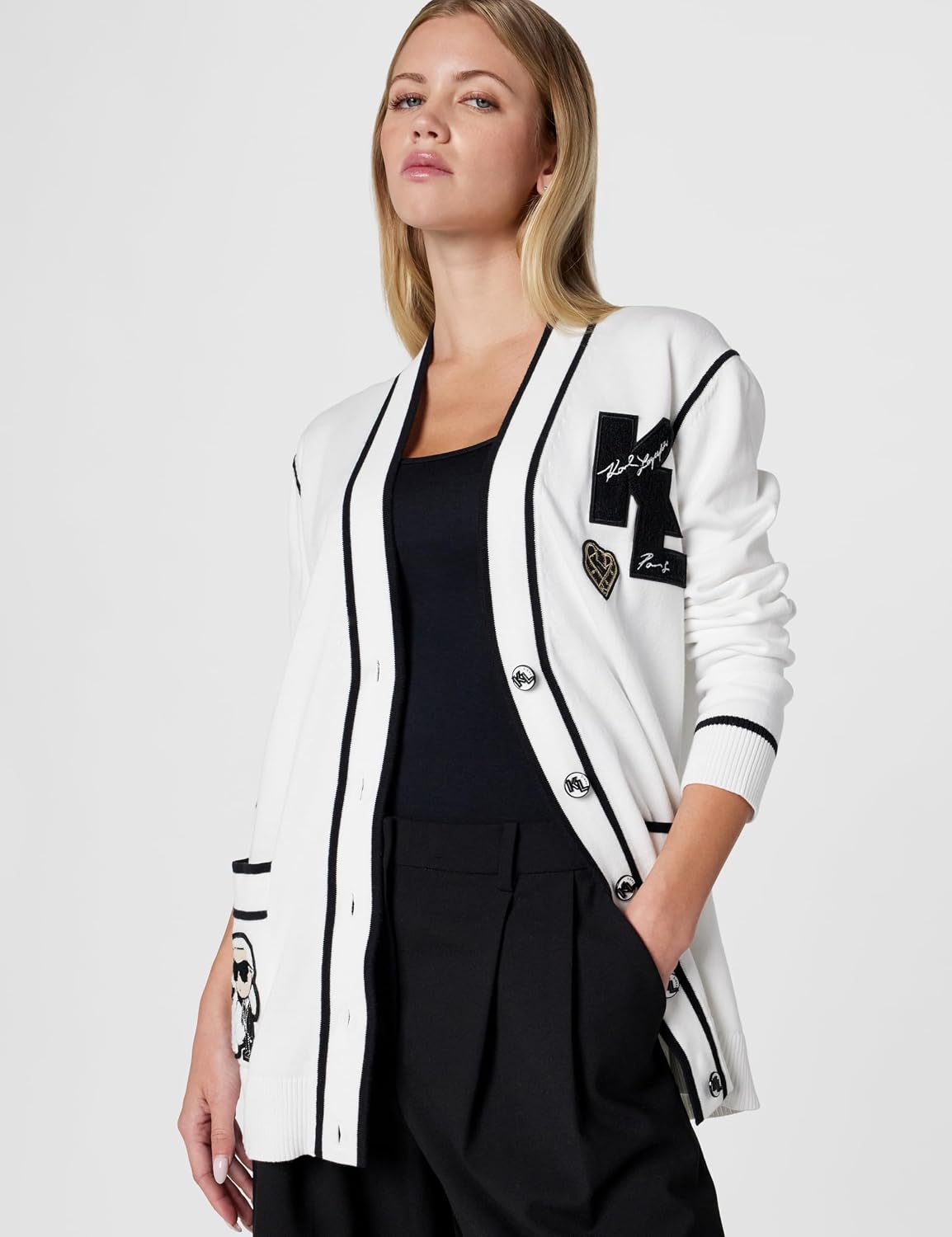 Karl Lagerfeld Women's Varsity Cardigan Sweater with Karl Logo Patches