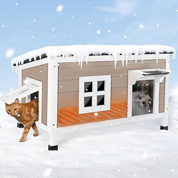 Extra Large Heated Outdoor Cat House for Winter, 100% All-Round Foam Insulated Cat House for Multiple Felines, Weatherproof Wooden Feral Cat Shelter with Openable Asphalt Roof & Escape Door