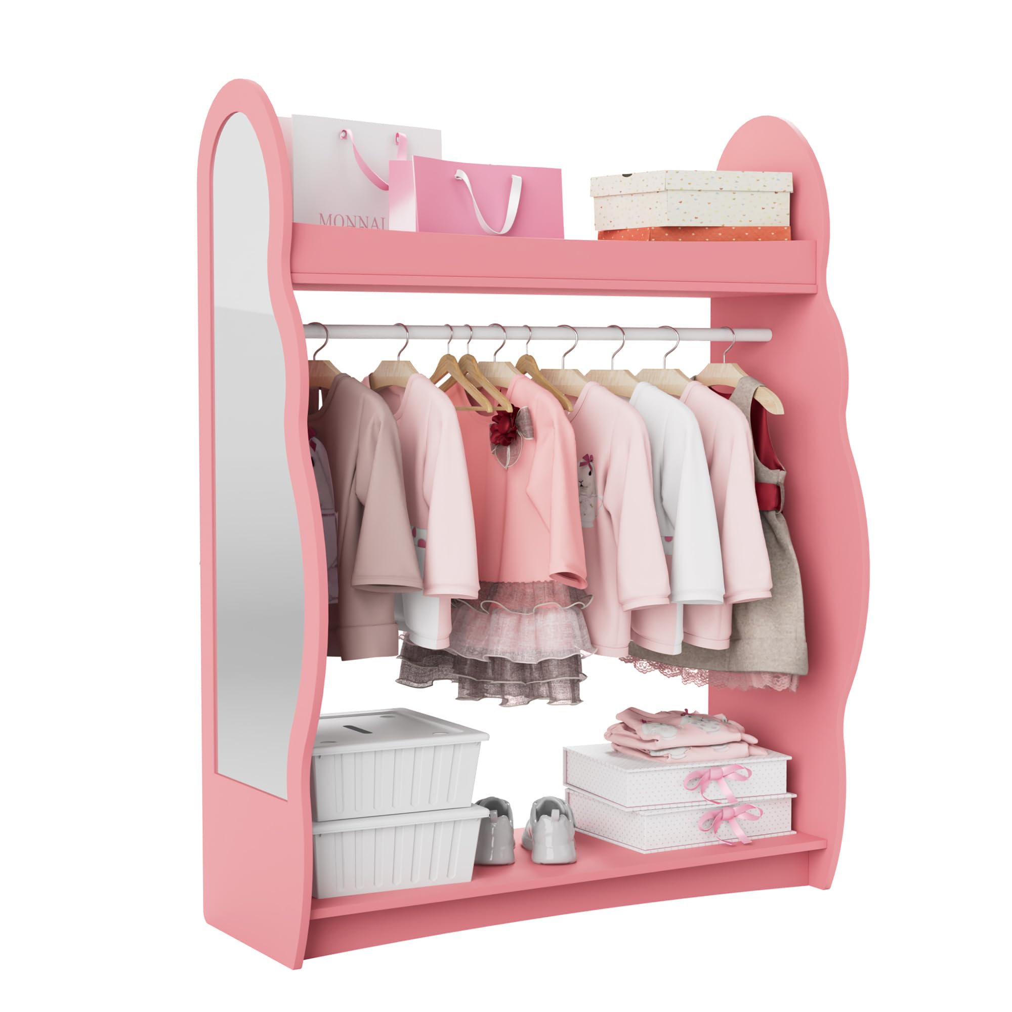 NACHES Kleiderständer Kinder Garderobenständer mit Ablagen, Spiegel und Haken Kleiderstange Garderobe aus Holz 81 x 28 x 106,5 cm (Wolken, Rosa)