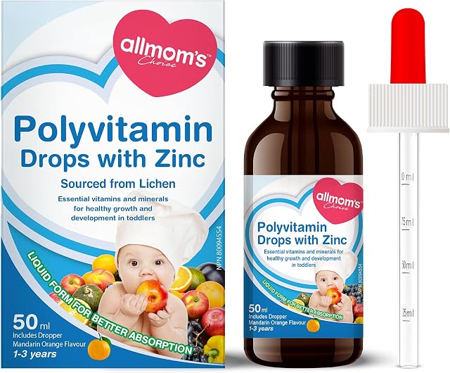 Allmom's Choice Polyvitamin Drops with Zinc, 1-3 Years, 9 Essential Vitamins (Vitamin A, B Complex, C, D3) and Mineral of Zinc, which are often lacking in a Children’s Diet. Great Taste in Easy-To-Take Liquid Form, 50-Day Supply