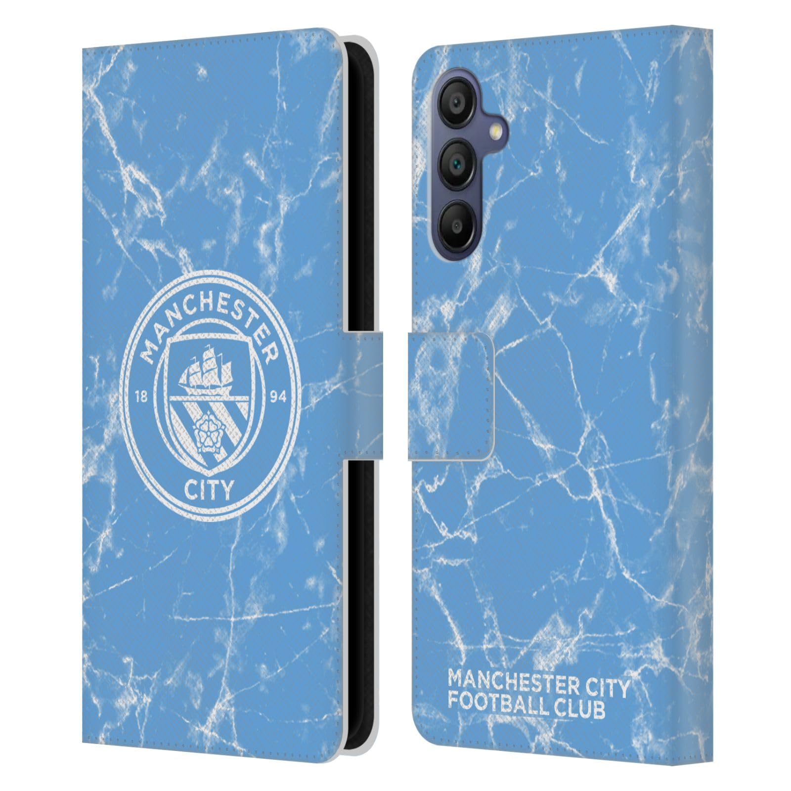 Head Case Designs Officially Licensed Manchester City Man City FC Blue White Mono Marble Badge Leather Wallet Case Compatible With Samsung Galaxy A15