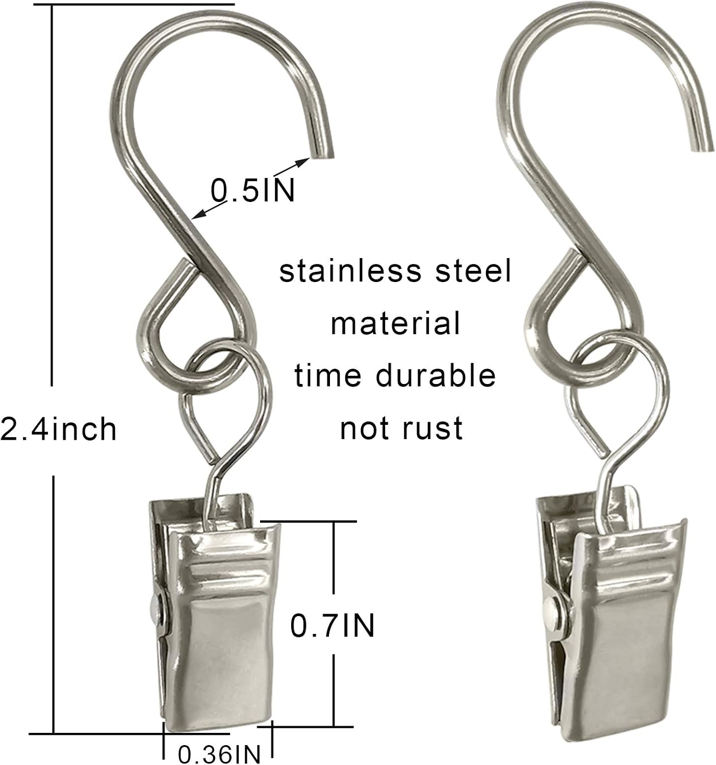 Stainless Steel S Hooks Curtain Clips, 50 Pack Hanging Party Lights Clips, Hangers Gutter Photo, Art Craft Display, 2.4 Inch Long, Silver