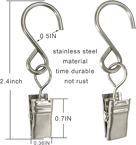 Miniatura 2 de AMZSEVEN Clips de cortina de acero inoxidable con ganchos en S, paquete de 50 clips de luces colgantes para fiestas, perchas de canalón para fotos,