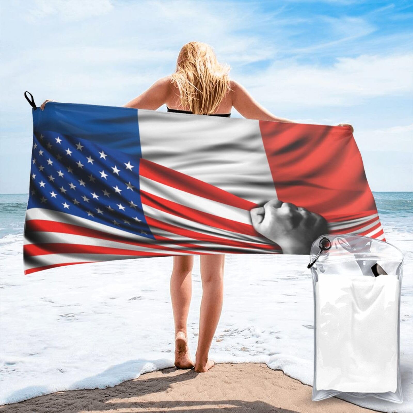 HACXZ Beach Towel America Flag and France French Flag Microfiber Beach Towel Lightweight Absorbent 31.5"X63"