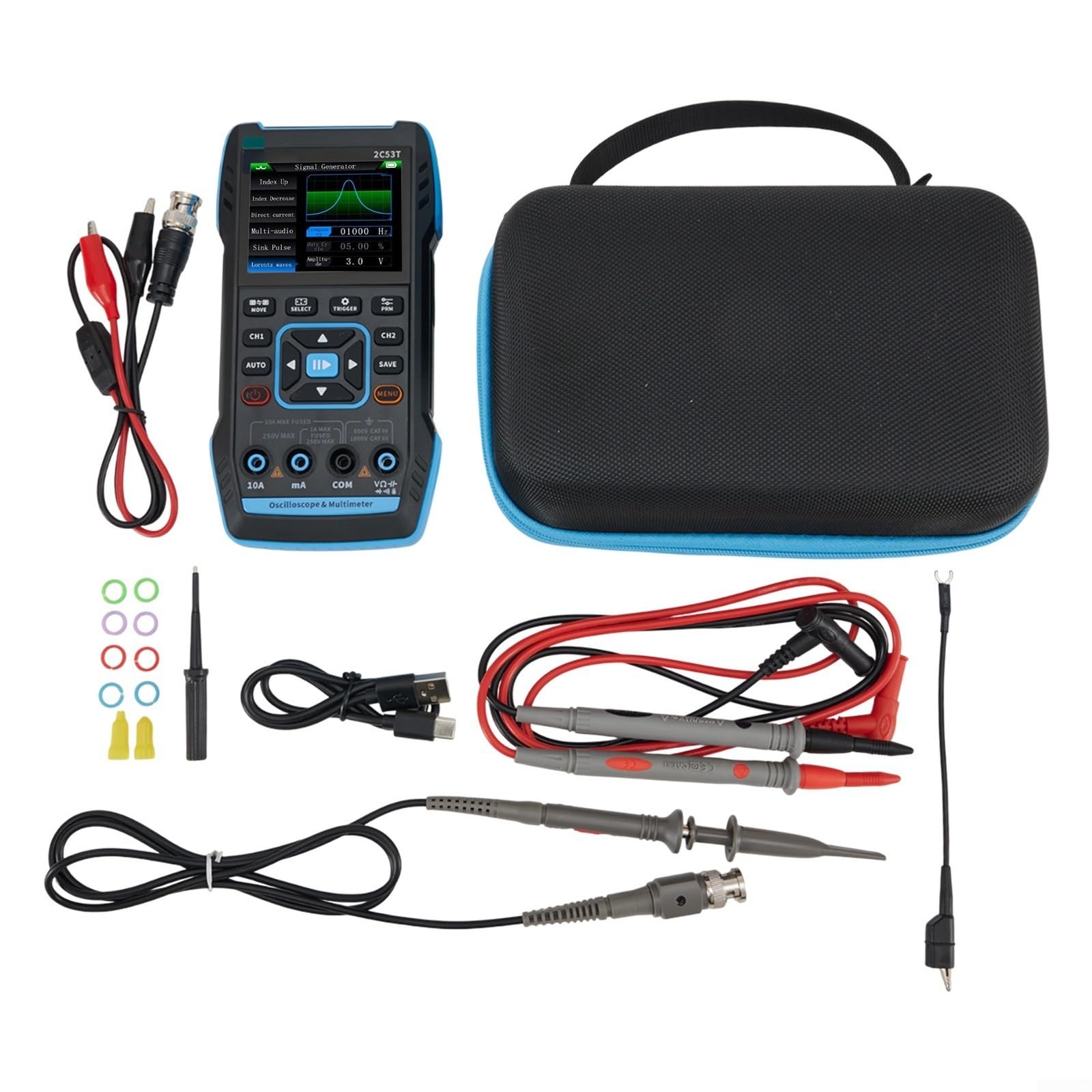 Osciloscopio digital 3 en 1 2C53T con generador de señal y multímetro, 50 MHz, LCD a color de 2.8 pulgadas, salida DDS paso de 1 Hz, guardado/exportación de forma de onda, para mantenimiento y