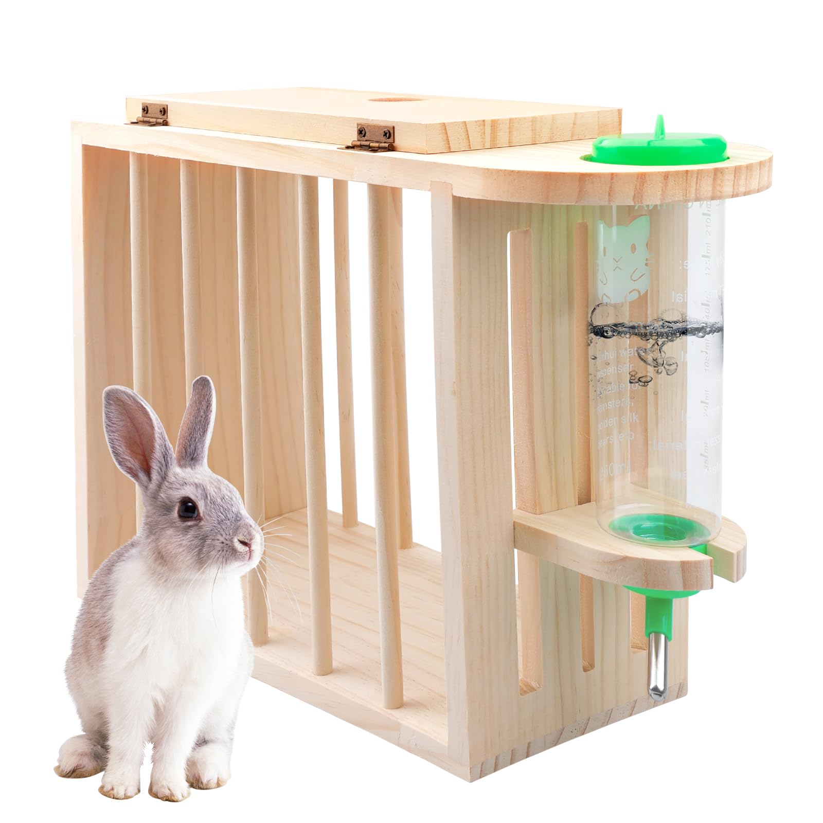 Heuraufe Kaninchen Mit Höhenverstellbarer Trinkflasche, Futterspender Heu Kaninchen, Meerschweinchen Heuraufe, Naturholz, Für Kaninchens Hamster Chinchillas Meerschweinchen