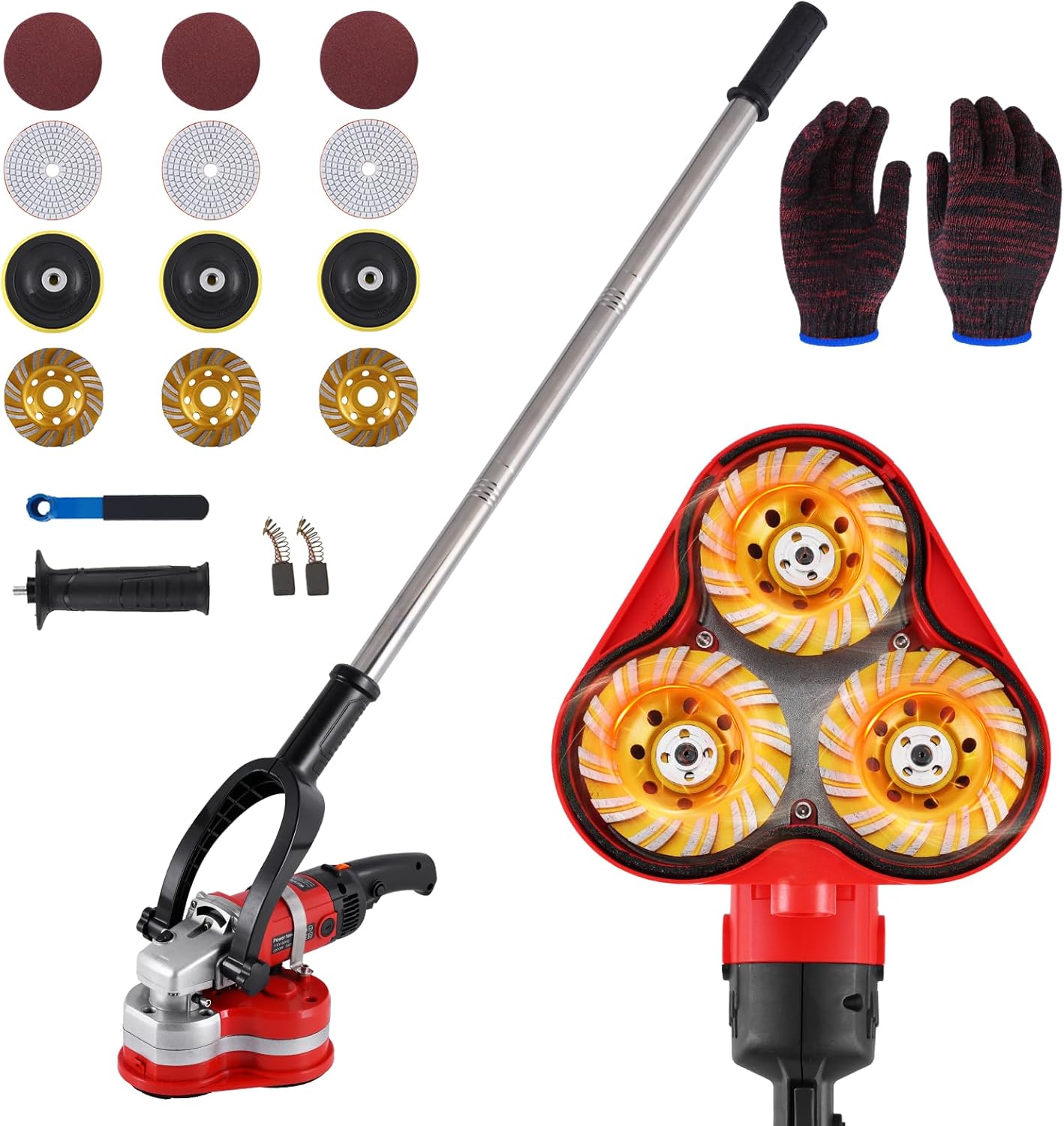 YUCHENGTECH 3 Head Concrete Grinder 4" Concrete Floor Grinder 2800W 6 Speed Concrete Surface Planer with Dust Extraction Shroud & Extendable Rod for Grinding Concrete Cement Marble Granite