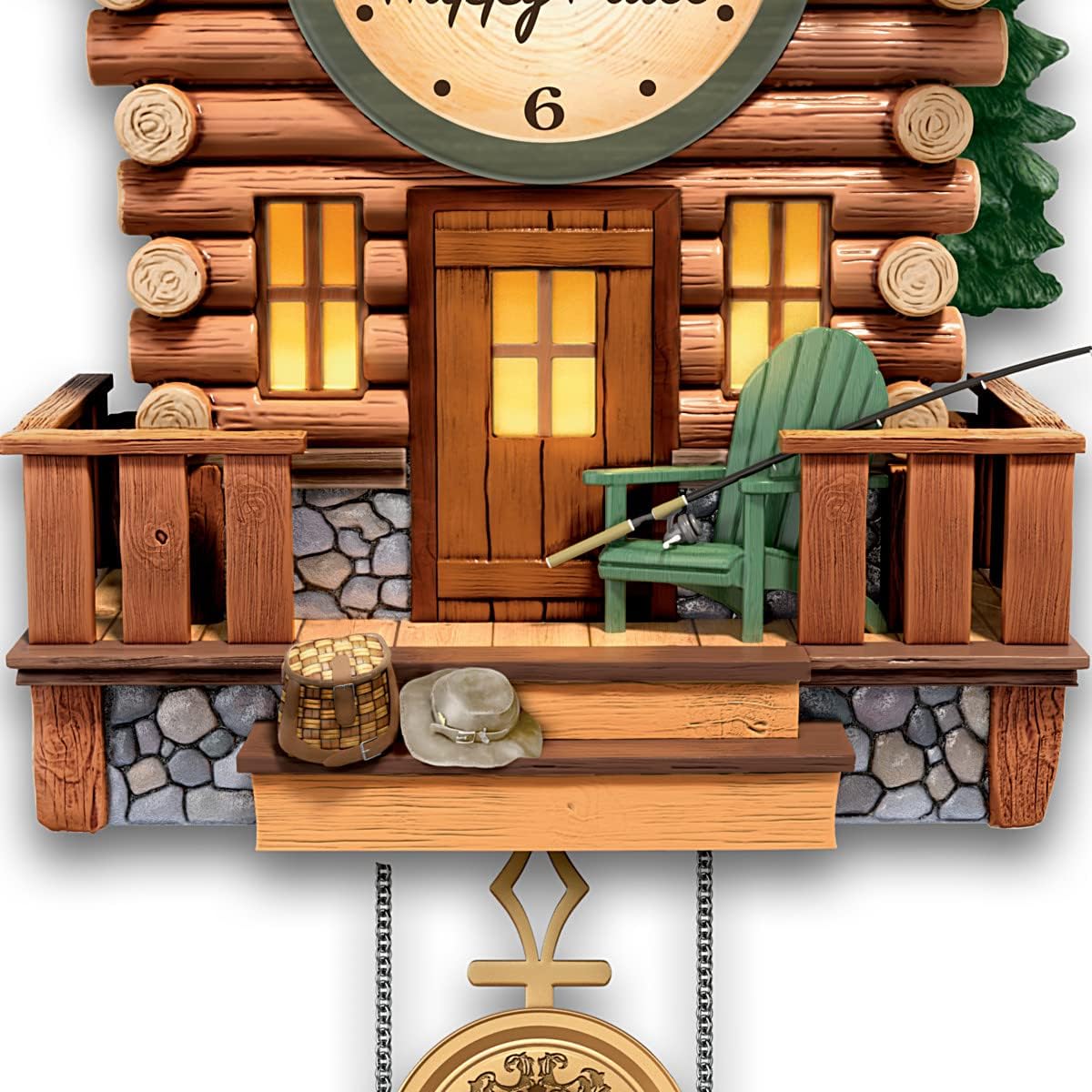 The Bradford Exchange Cabin Retreat Illuminated Wall Clock Featuring Incredible Details Including an Adirondack Chair, Fishing Gear & Hanging Weights Shaped Like Pinecones