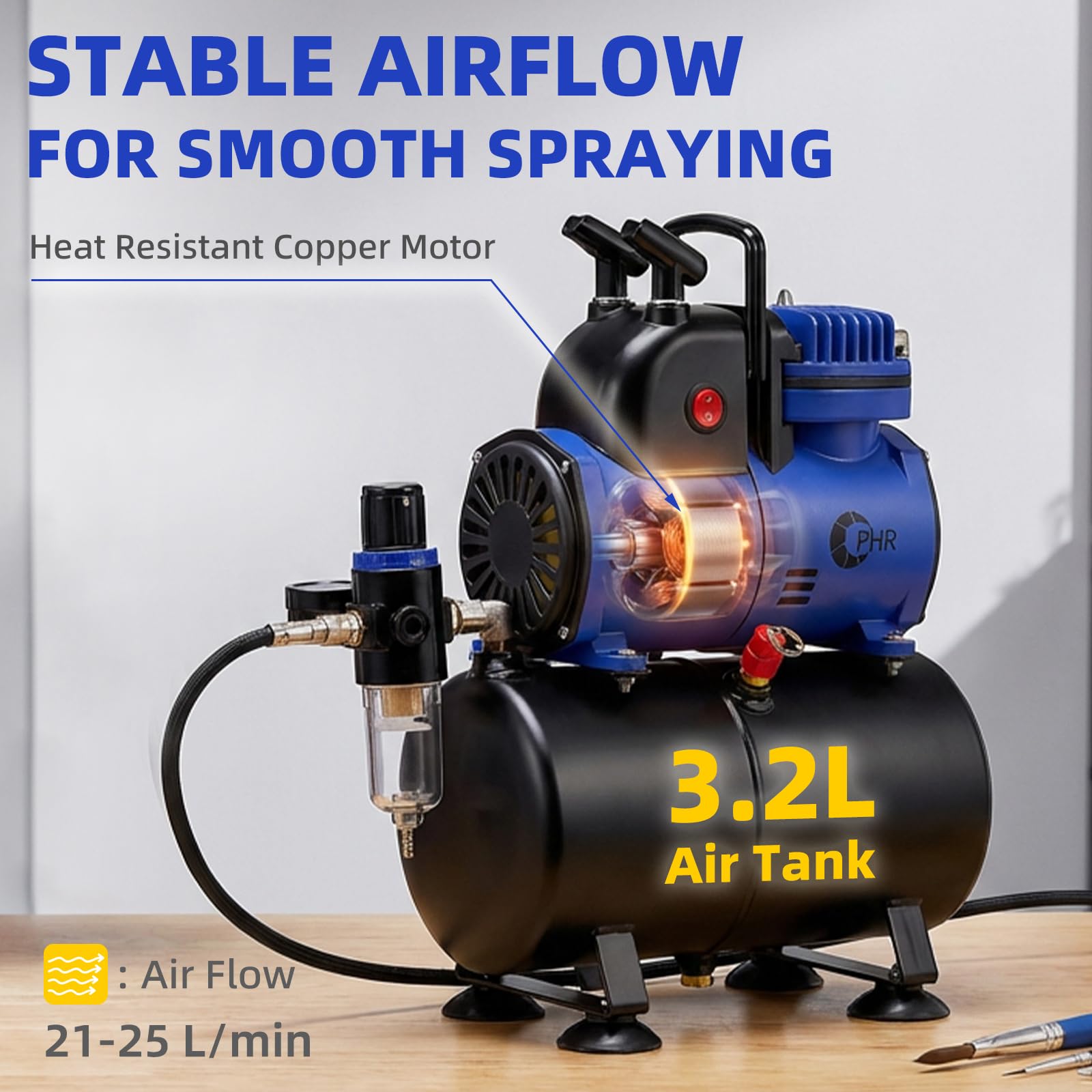 OPHIR Compresor de aerógrafo de 1/5HP con tanque de 3,2 L, 0,3/0,8 mm, 4 aerógrafos, ventilador de refrigeración, tazas de pintura de 20/40 CC, soporte para aerógrafo, 5 mangueras de aire y