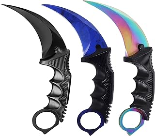 3 Pieces Karambit Knife Fixed Blade Knives Camping Tool,Outdoor Hunting Knife with Sheath and Cord, Suitable for Hiking, Adventure, Survival and Collection (Black Blue Color) - Milaloko