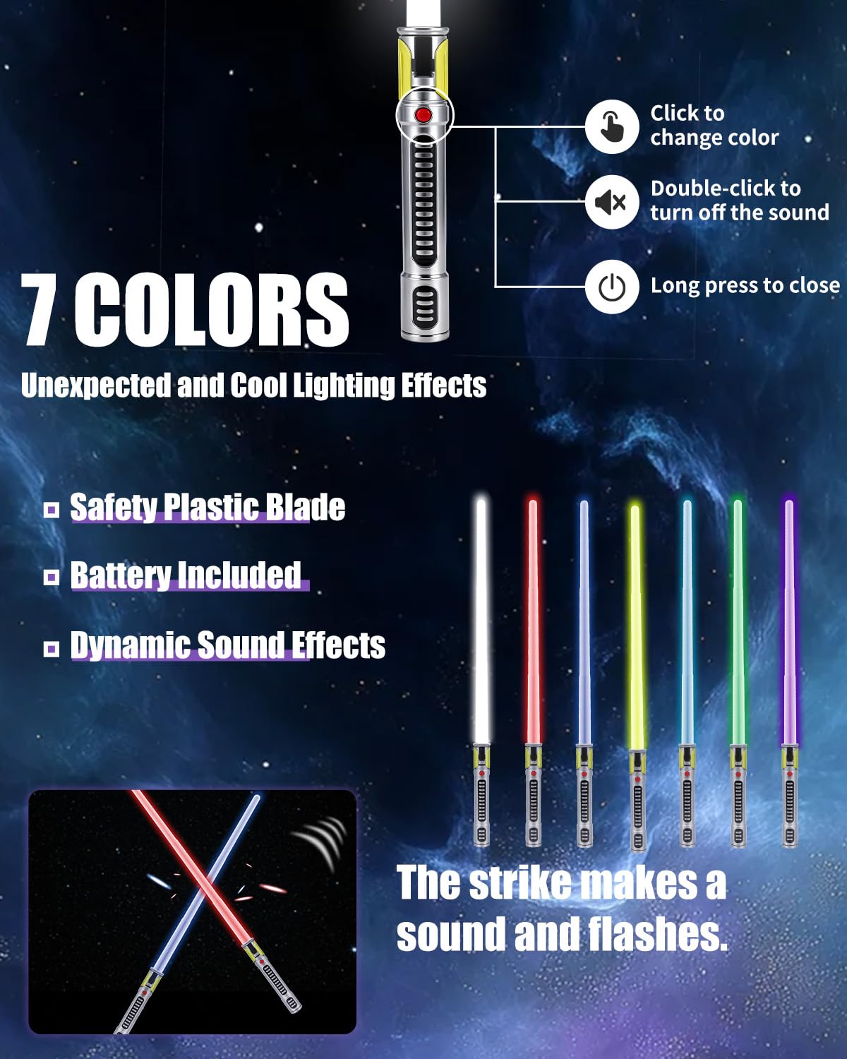 Lot de 4 sabres lumineux à DEL extensibles avec son FX (sensible au mouvement), 7 couleurs, jouet d'épée de combat galaxie pour enfants, cadeau d'Halloween, de Noël ou d'anniversaire