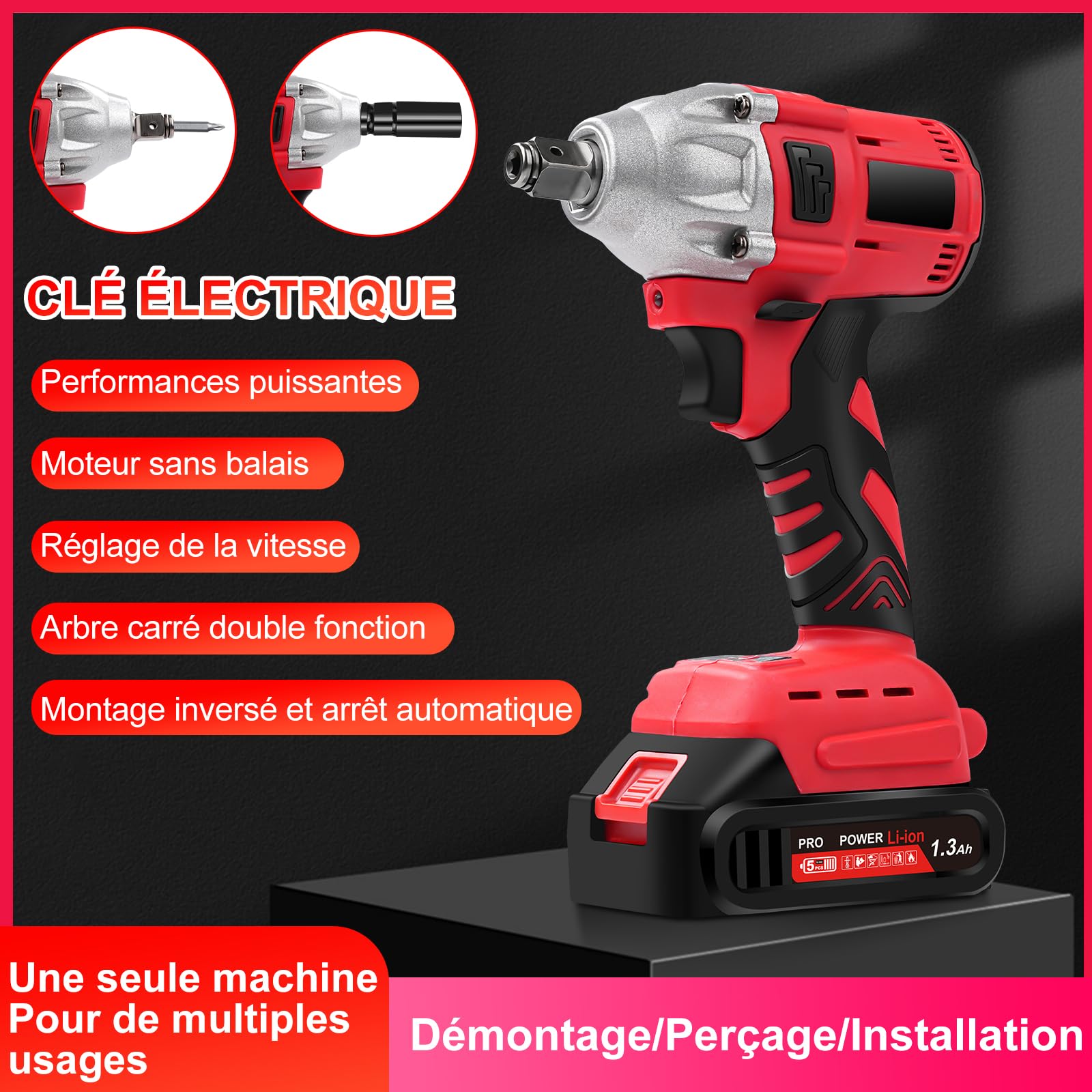 Cle A Choc Sans Fil Brushless, 300 Nm 1/2" Boulonneuse à Choc Electrique Visseuse à Choc, Clé à Chocs Sur Batterie Avec 1300mah Batteries, LumièRe Led Pour Maison/Voiture/Diy