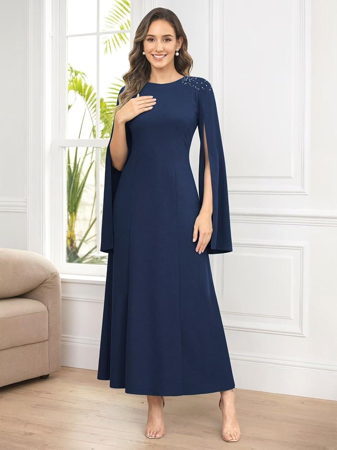 Scoop Neck Mother of The Brides Dresses Long Sleeve Bead Formal Party Dress with Pockets - Image 4