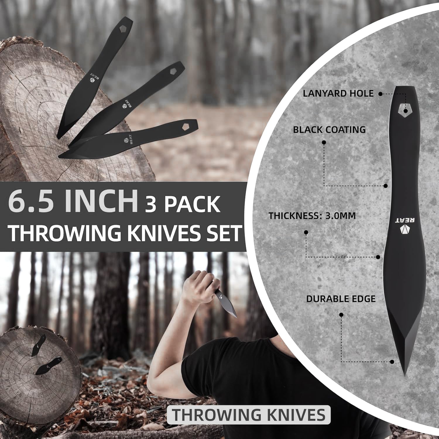 REAT Throwing Axes and Throwing Knives Set with Sheath, 3 Piece 10.5" Throwing Hatchet and 3 Piece 6.5" Throwing Knives,Back Yard Throwing Game,Recreation,Competition,Gifts for Men,Women