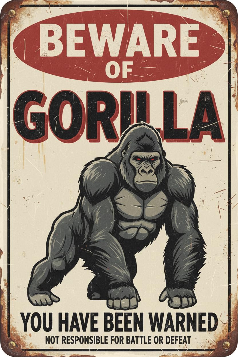 Beware Of Gorilla Warning Tin Sign, 12x8 Inch Outdoor